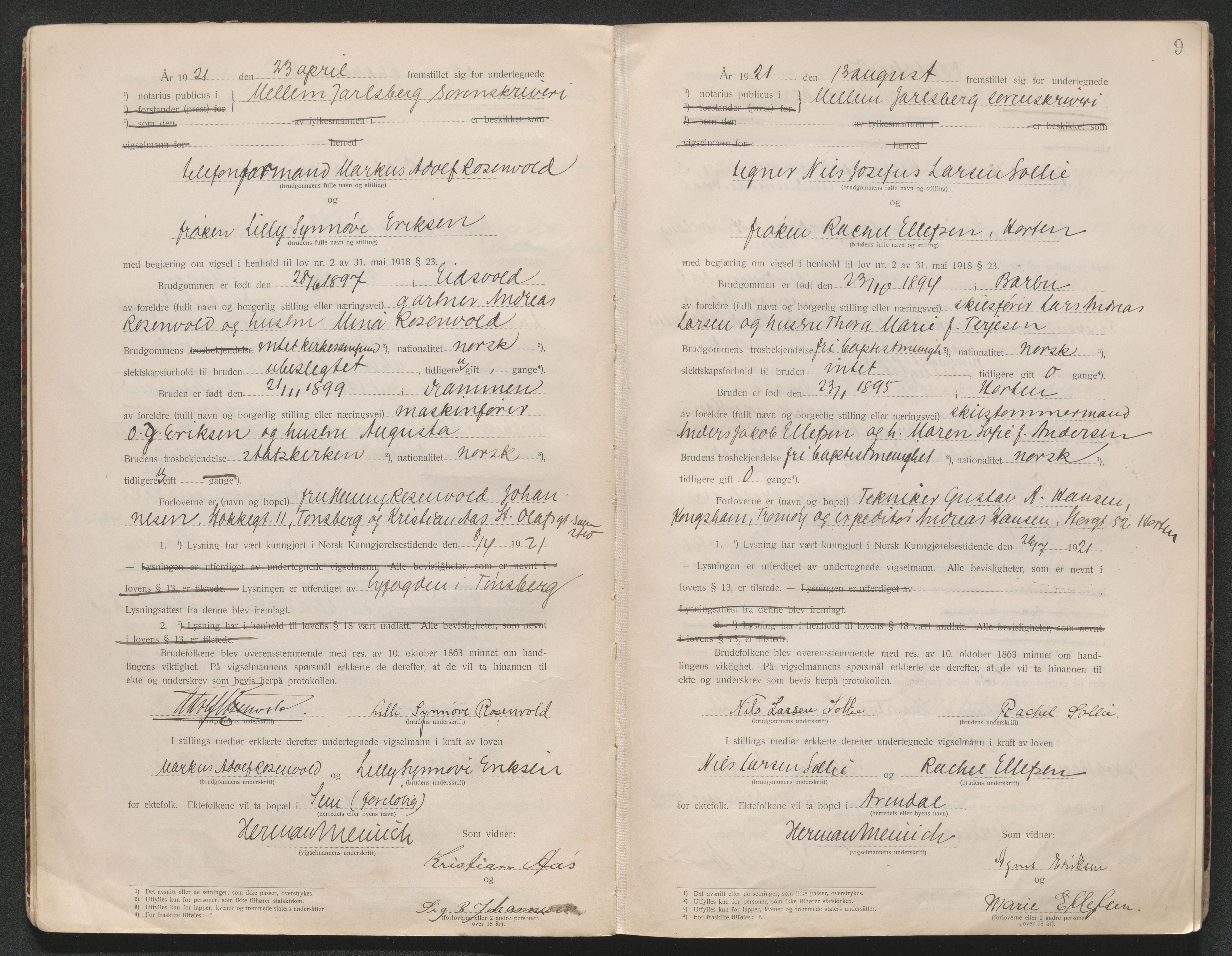 Horten sorenskriveri, AV/SAKO-A-133/L/Lc/L0001: Vigselsbok, 1920-1941, s. 9