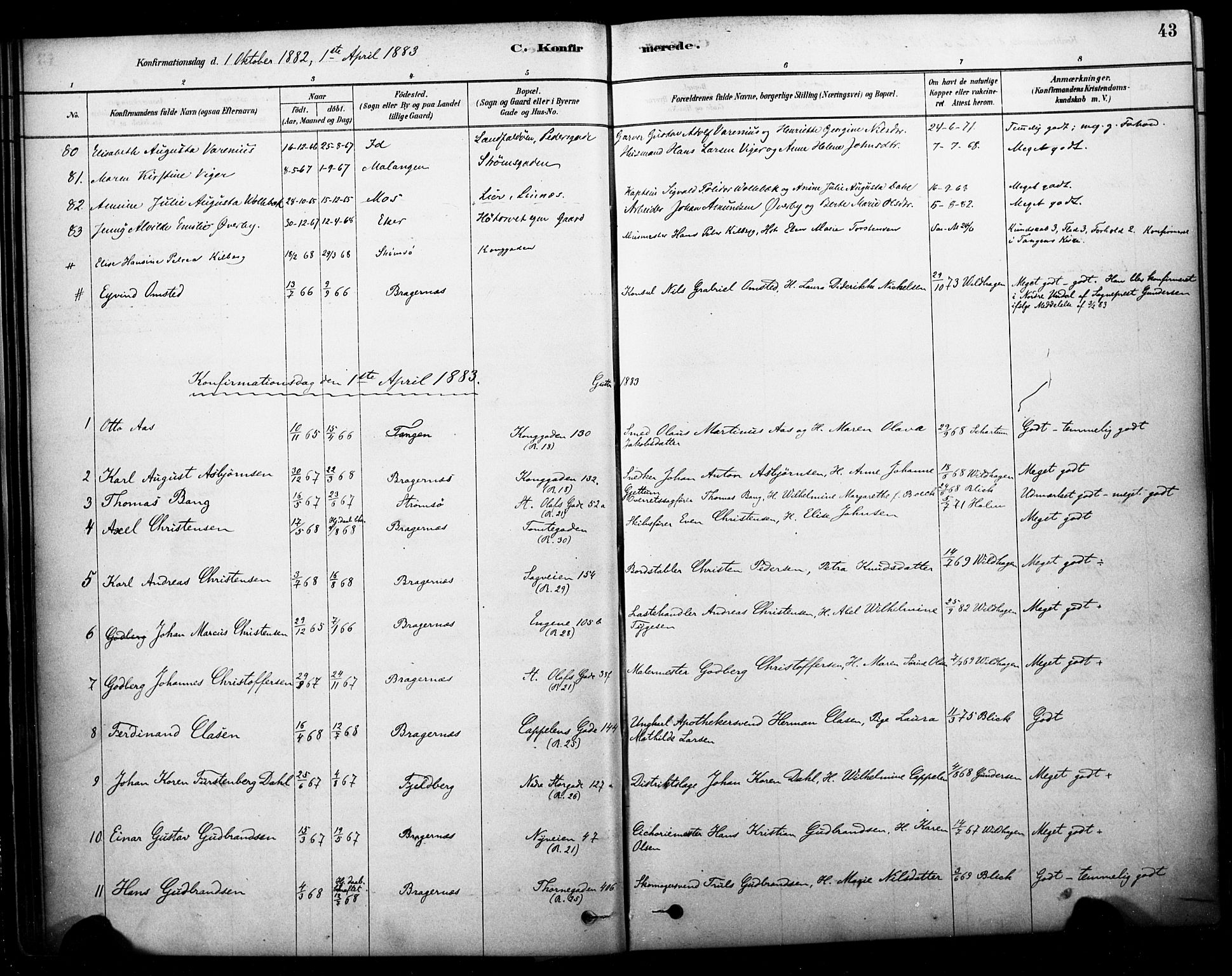 Bragernes kirkebøker, AV/SAKO-A-6/F/Fc/L0005: Ministerialbok nr. III 5, 1878-1890, s. 43