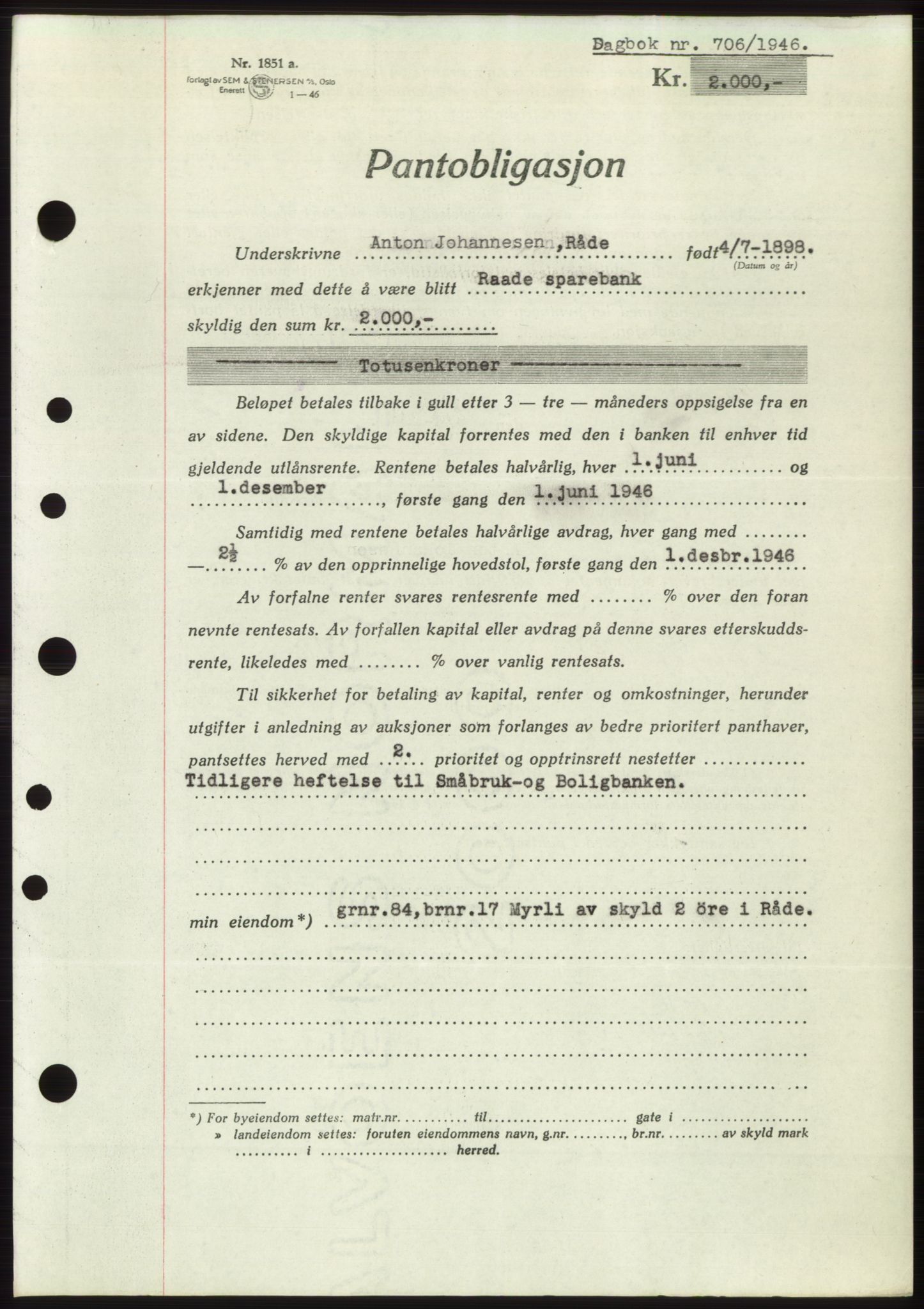 Moss sorenskriveri, SAO/A-10168: Pantebok nr. B15, 1946-1946, Dagboknr: 706/1946