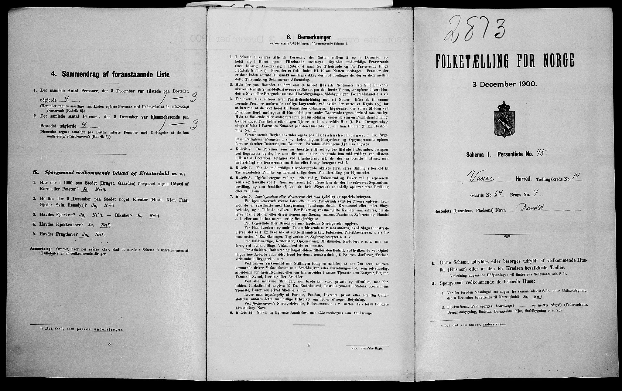 SAK, Folketelling 1900 for 1041 Vanse herred, 1900, s. 2514