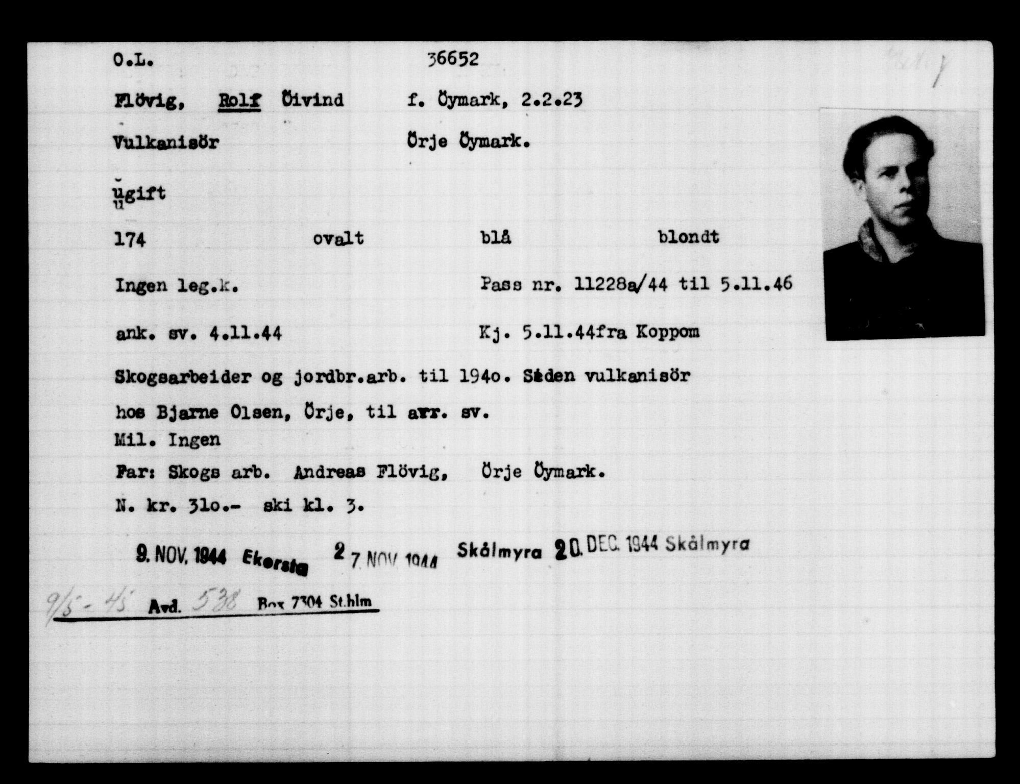 Utenriksstasjonene, Legasjonen i Stockholm, Flyktningkontoret, AV/RA-S-6753/V/Va/L0014: Kjesäterkartoteket, flyktninger med registreringsnr. 34700-37855, 1940-1945, s. 2052