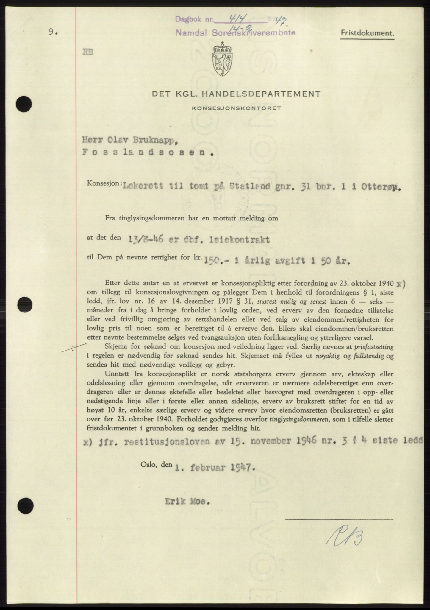Namdal sorenskriveri, SAT/A-4133/1/2/2C: Pantebok nr. -, 1946-1947, Dagboknr: 414/1947