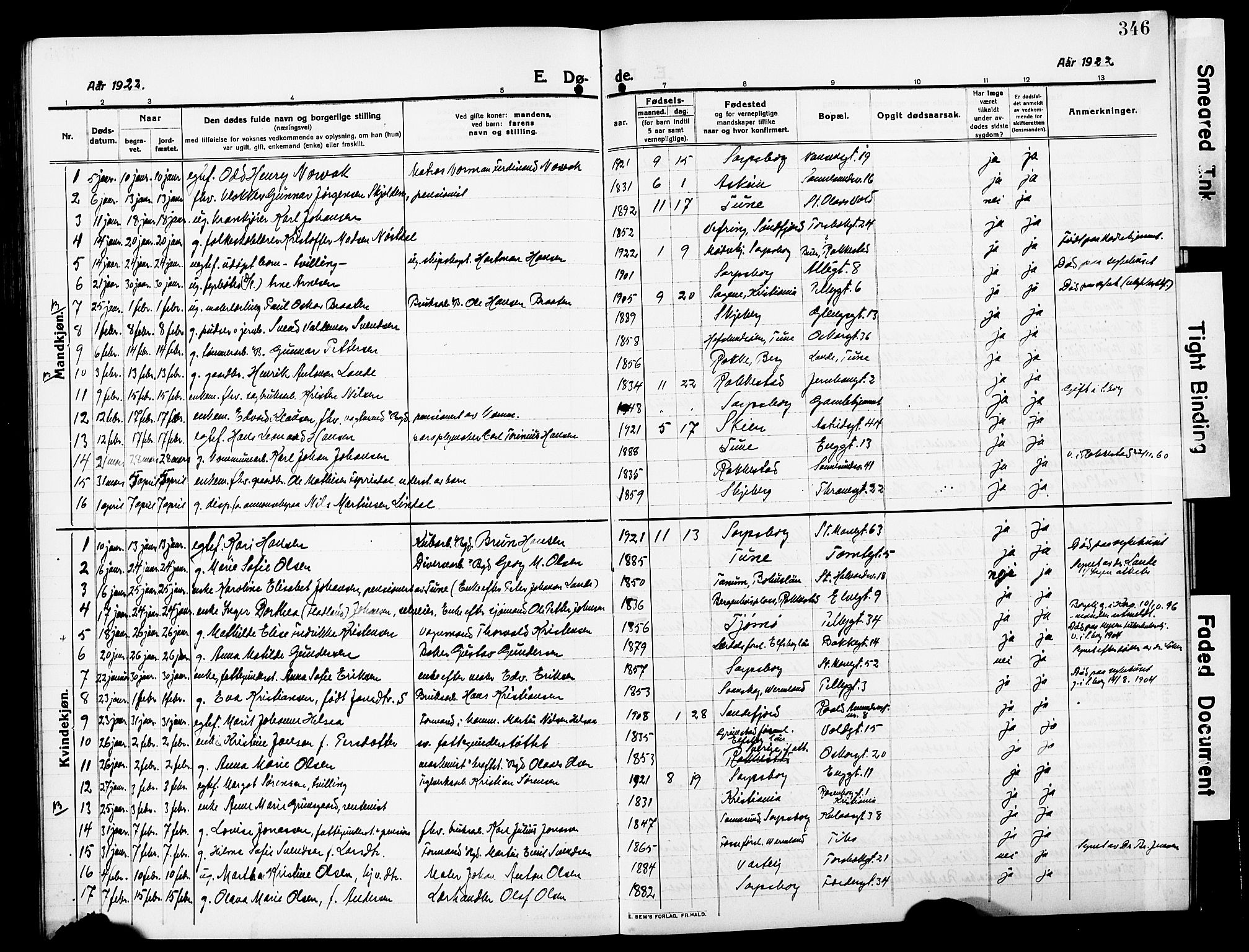 Sarpsborg prestekontor Kirkebøker, AV/SAO-A-2006/G/Ga/L0002: Klokkerbok nr. 2, 1912-1931, s. 346