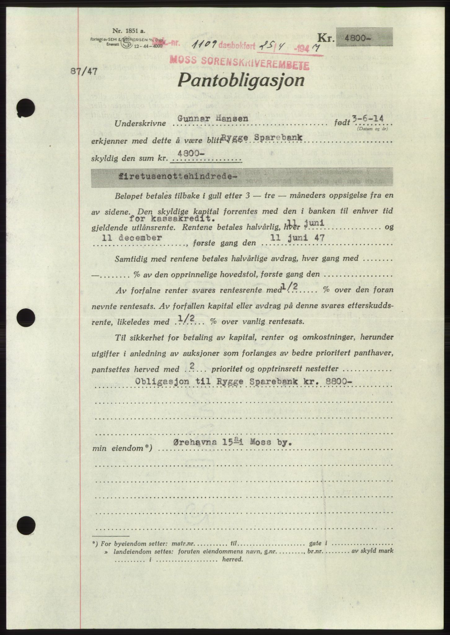 Moss sorenskriveri, SAO/A-10168: Pantebok nr. B17, 1947-1947, Dagboknr: 1109/1947