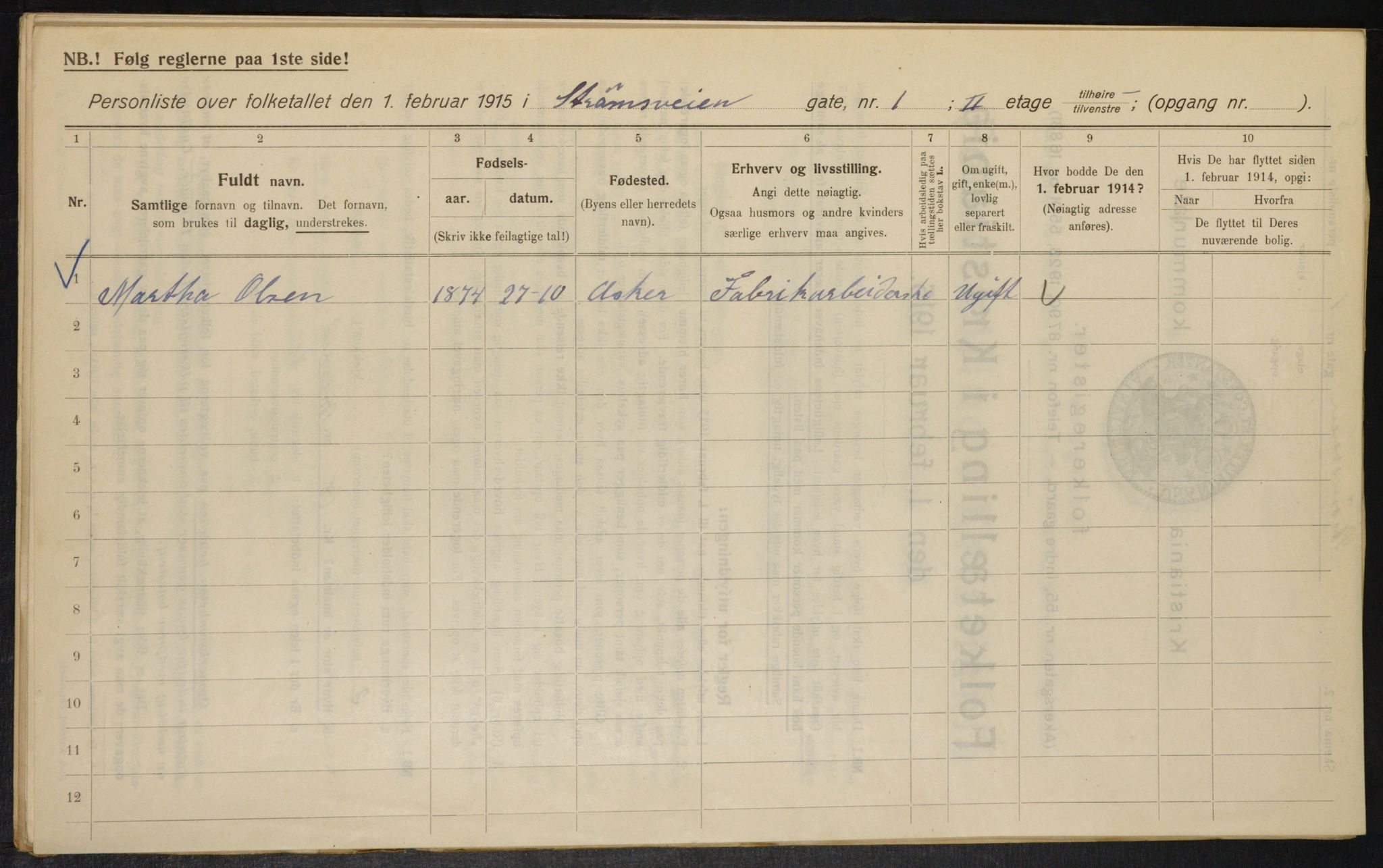 OBA, Kommunal folketelling 1.2.1915 for Kristiania, 1915, s. 104127