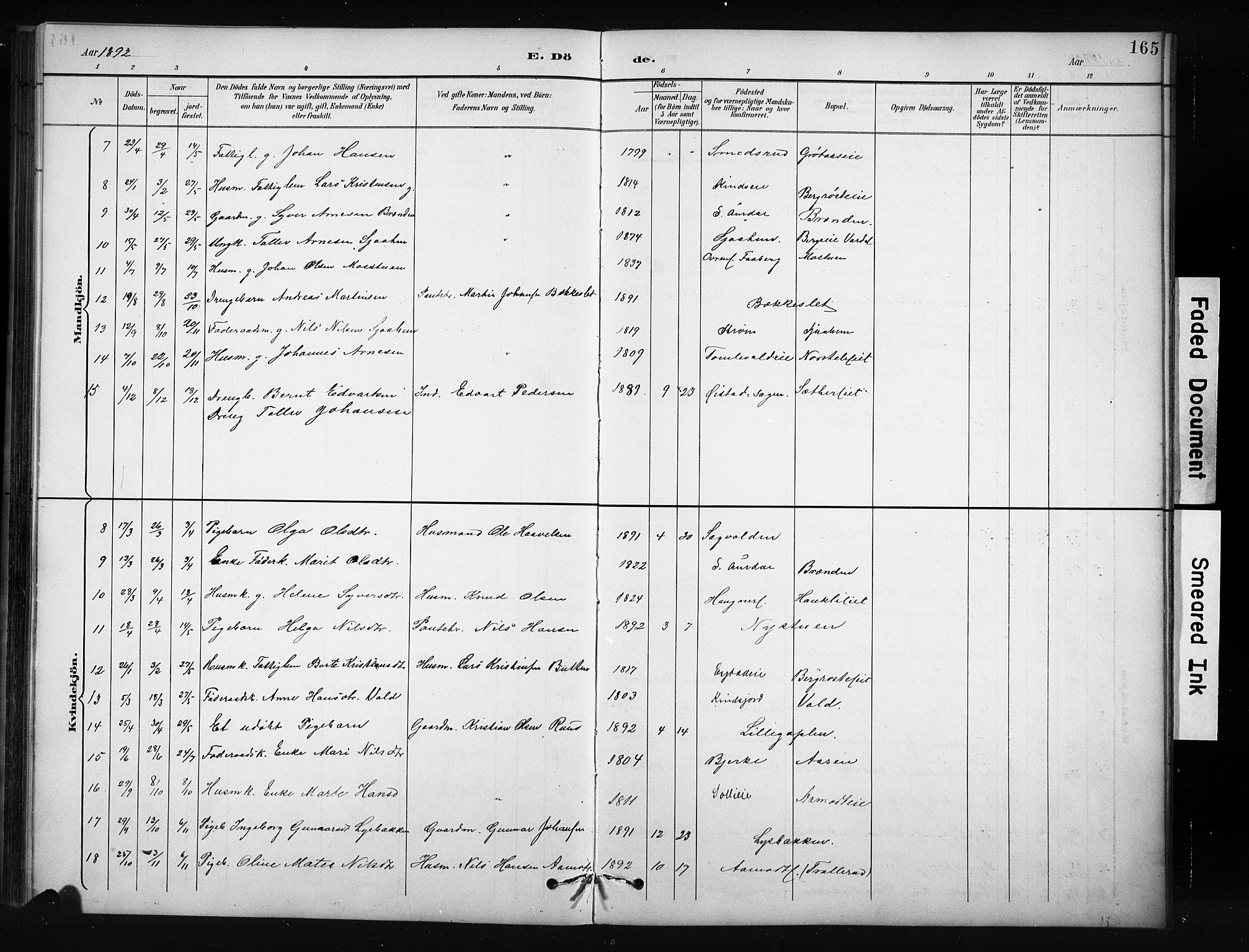 Nordre Land prestekontor, AV/SAH-PREST-124/H/Ha/Hab/L0012: Klokkerbok nr. 12, 1891-1909, s. 165