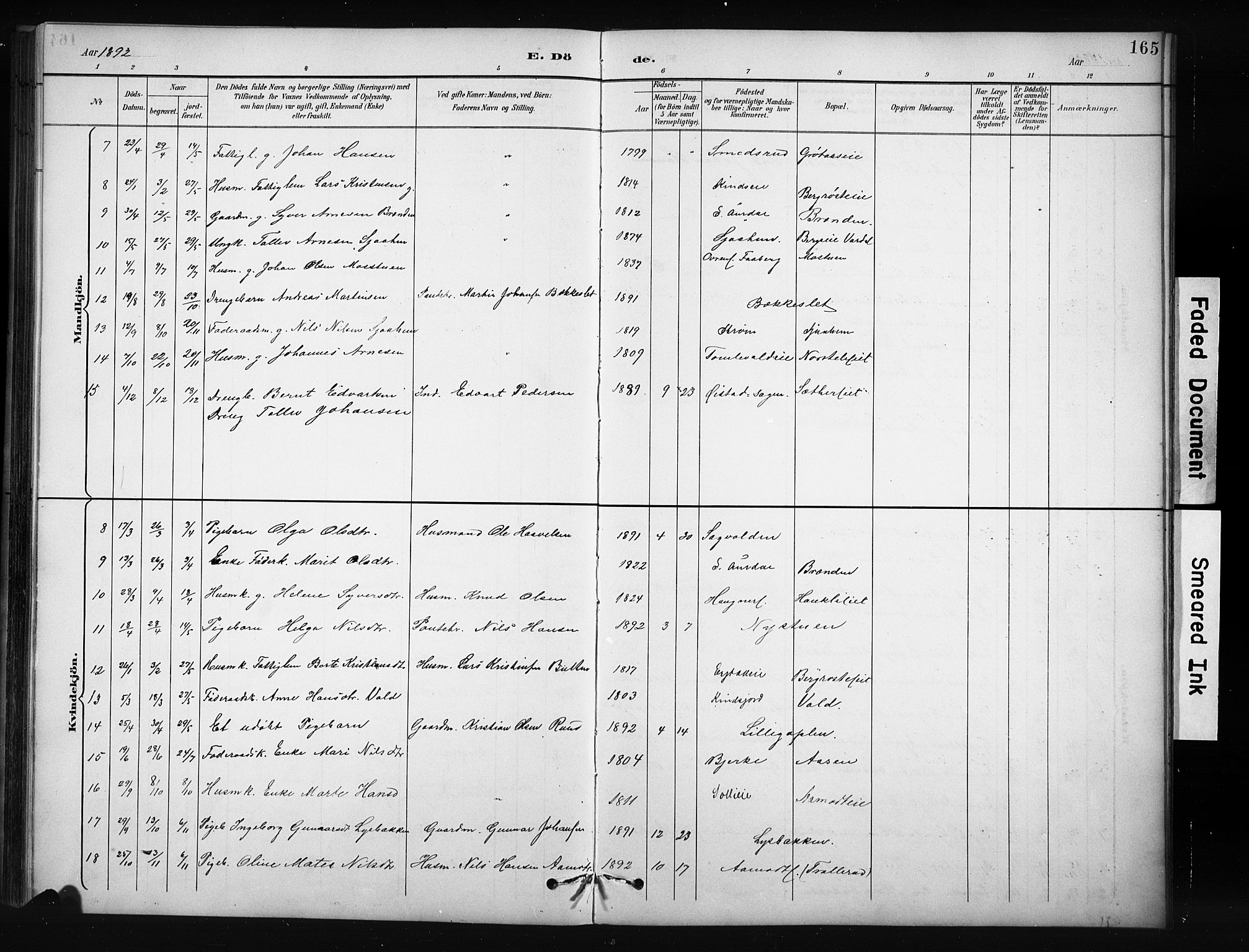 Nordre Land prestekontor, SAH/PREST-124/H/Ha/Hab/L0012: Klokkerbok nr. 12, 1891-1909, s. 165