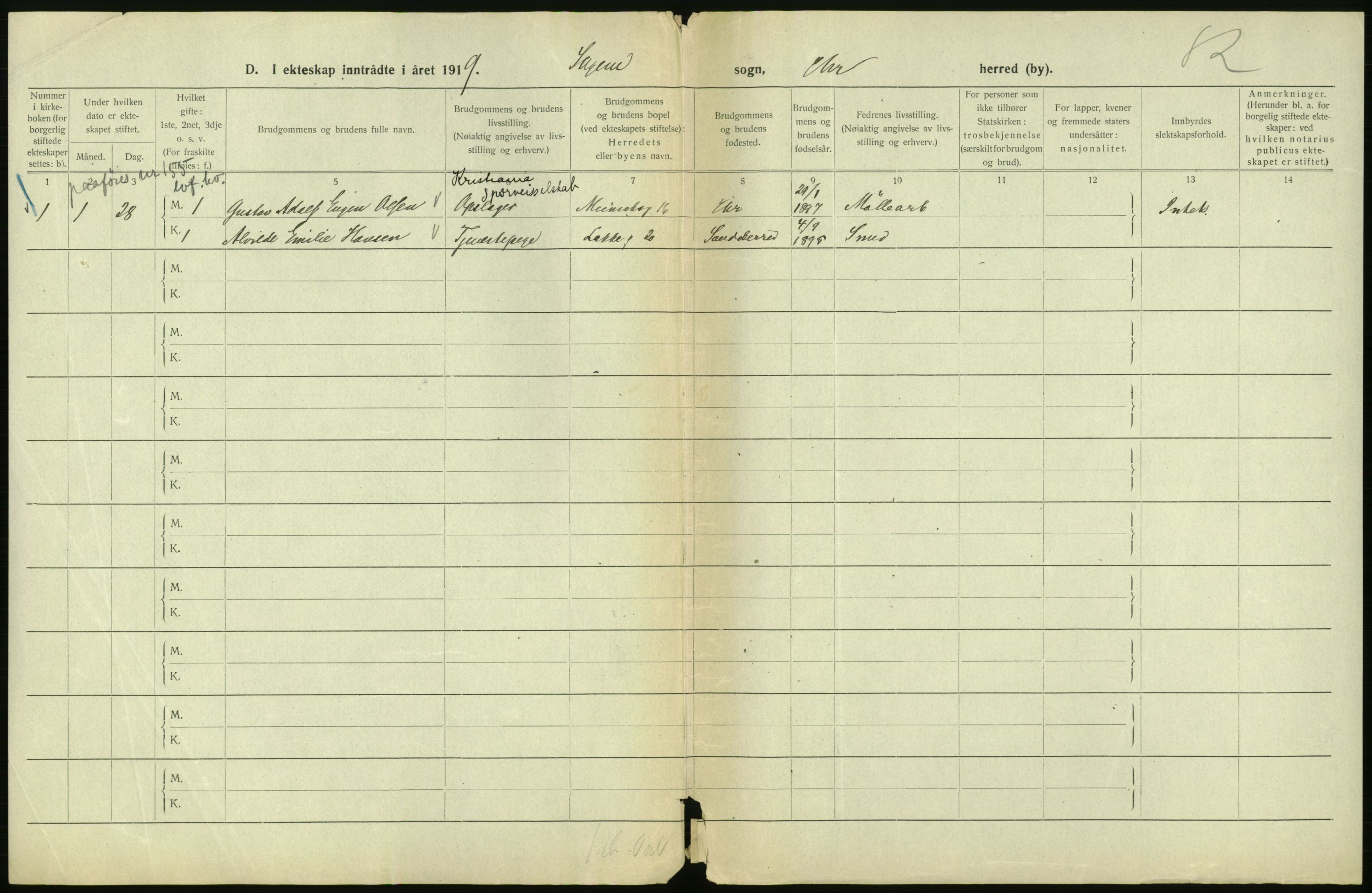 Statistisk sentralbyrå, Sosiodemografiske emner, Befolkning, AV/RA-S-2228/D/Df/Dfb/Dfbi/L0009: Kristiania: Gifte, 1919, s. 348