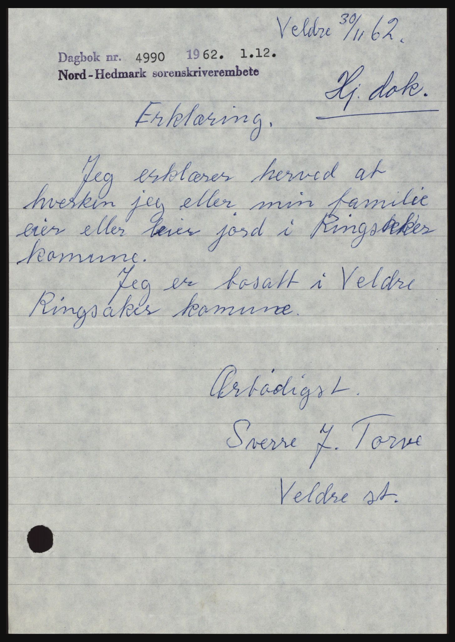 Nord-Hedmark sorenskriveri, SAH/TING-012/H/Hc/L0017: Pantebok nr. 17, 1962-1963, Dagboknr: 4990/1962