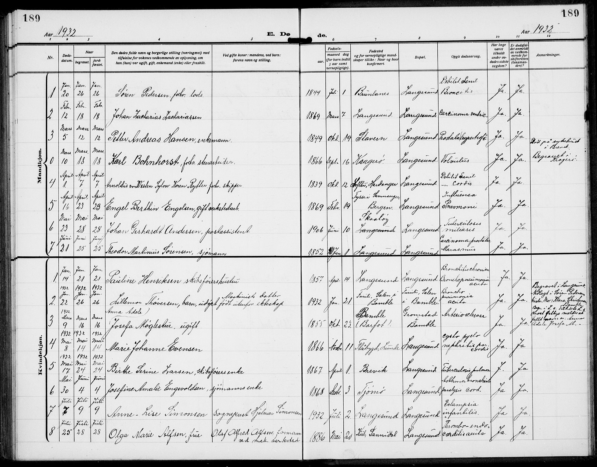 Langesund kirkebøker, AV/SAKO-A-280/G/Ga/L0007: Klokkerbok nr. 7, 1919-1939, s. 189