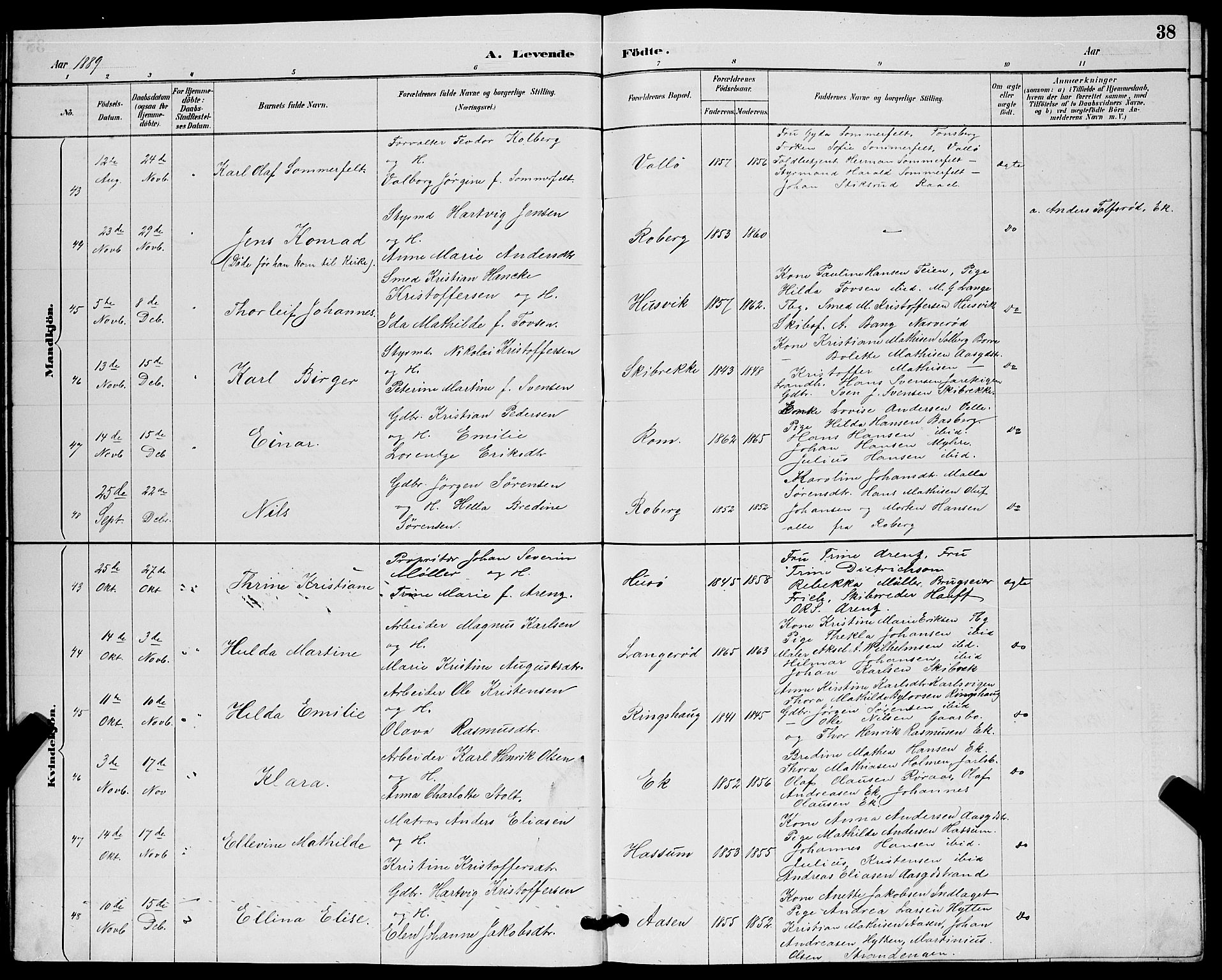 Sem kirkebøker, AV/SAKO-A-5/G/Gb/L0002: Klokkerbok nr. II 2, 1886-1899, s. 38