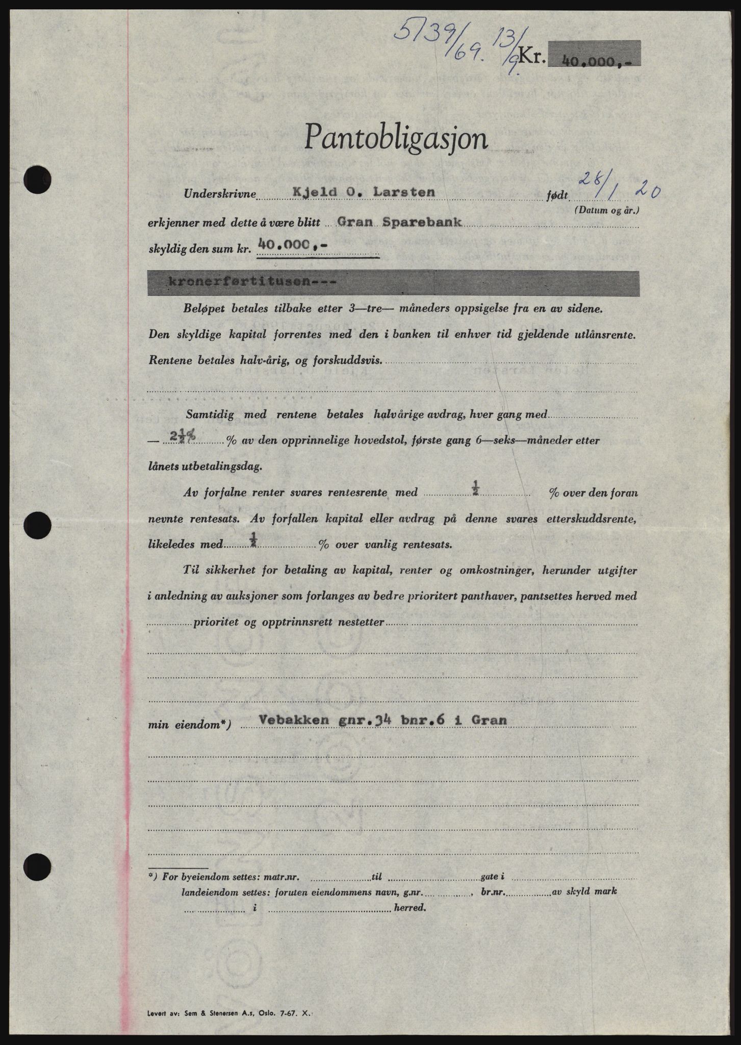 Hadeland og Land tingrett, SAH/TING-010/H/Hb/Hbc/L0074: Pantebok nr. B74, 1969-1969, Dagboknr: 5139/1969