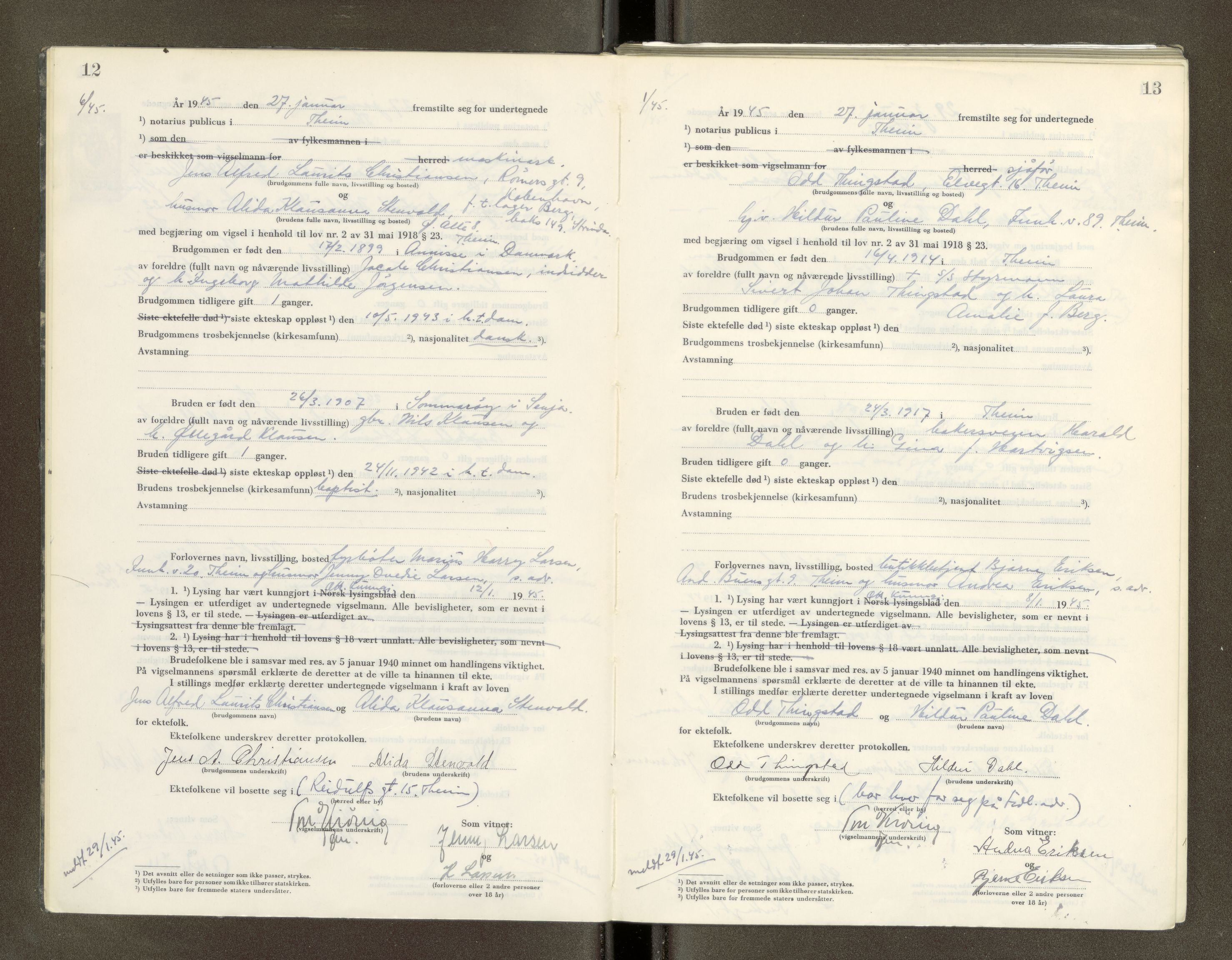 Trondheim byfogd, AV/SAT-A-0003/1/6/6D/L0005: Vigselbøker, 1944-1948, s. 12-13
