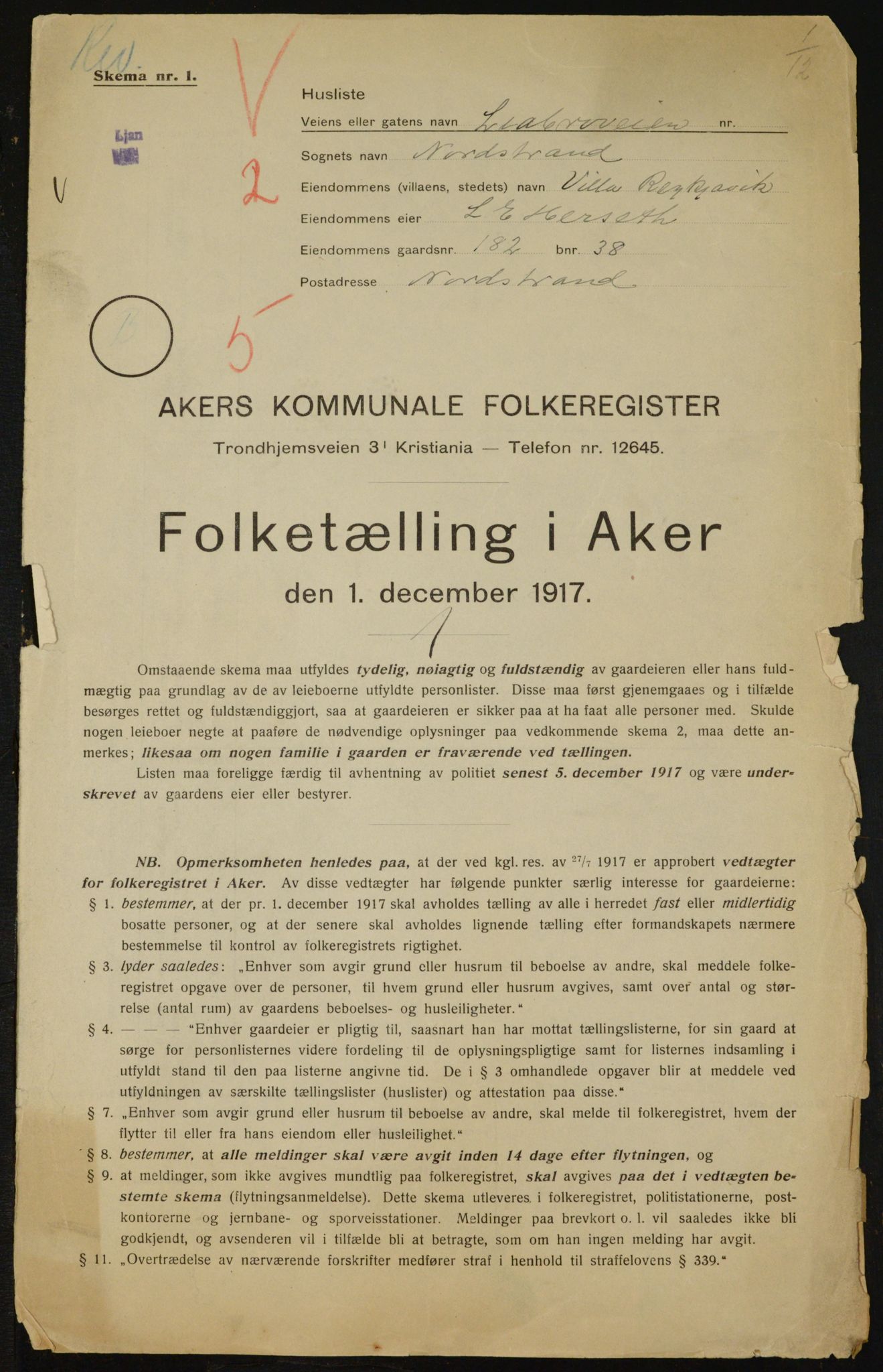 OBA, Kommunal folketelling 1.12.1917 for Aker, 1917, s. 17225