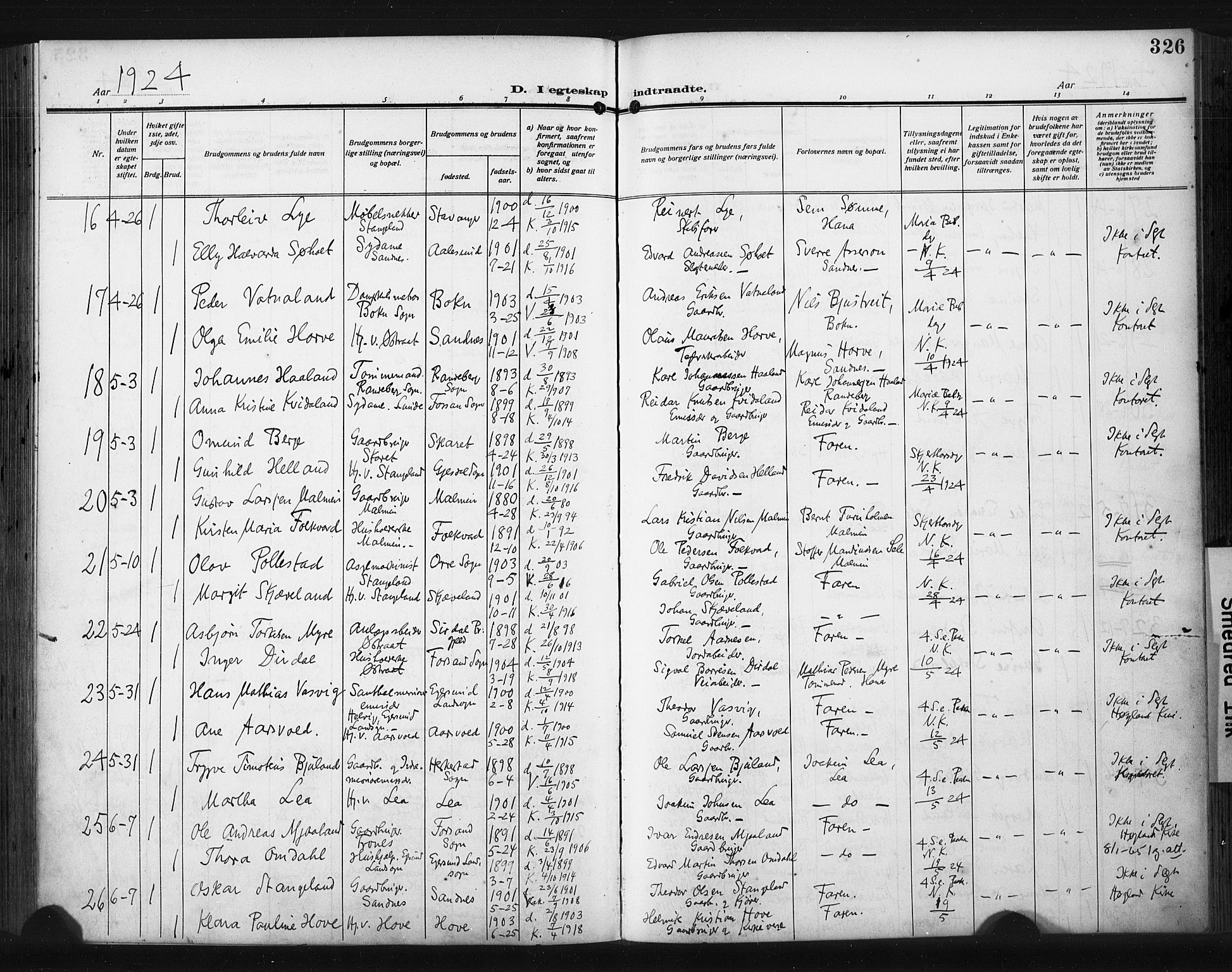 Høyland sokneprestkontor, AV/SAST-A-101799/001/30BA/L0017: Ministerialbok nr. A 15, 1912-1924, s. 326