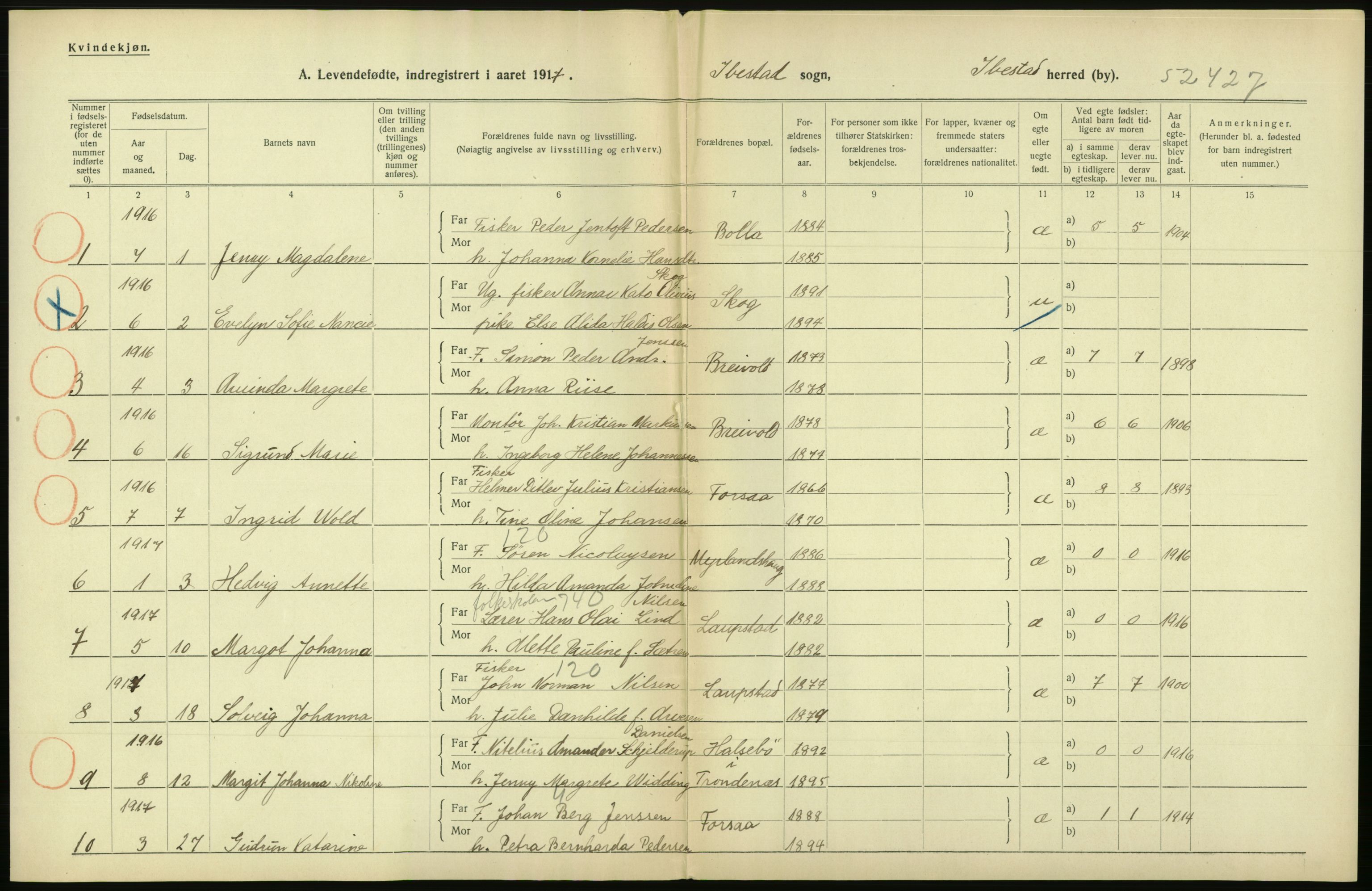 Statistisk sentralbyrå, Sosiodemografiske emner, Befolkning, AV/RA-S-2228/D/Df/Dfb/Dfbg/L0053: Tromsø amt: Levendefødte menn og kvinner. Bygder og byer., 1917, s. 524