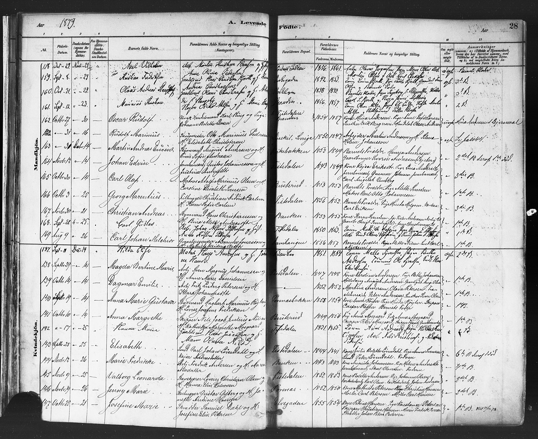 Halden prestekontor Kirkebøker, AV/SAO-A-10909/F/Fa/L0011: Ministerialbok nr. I 11, 1878-1889, s. 28