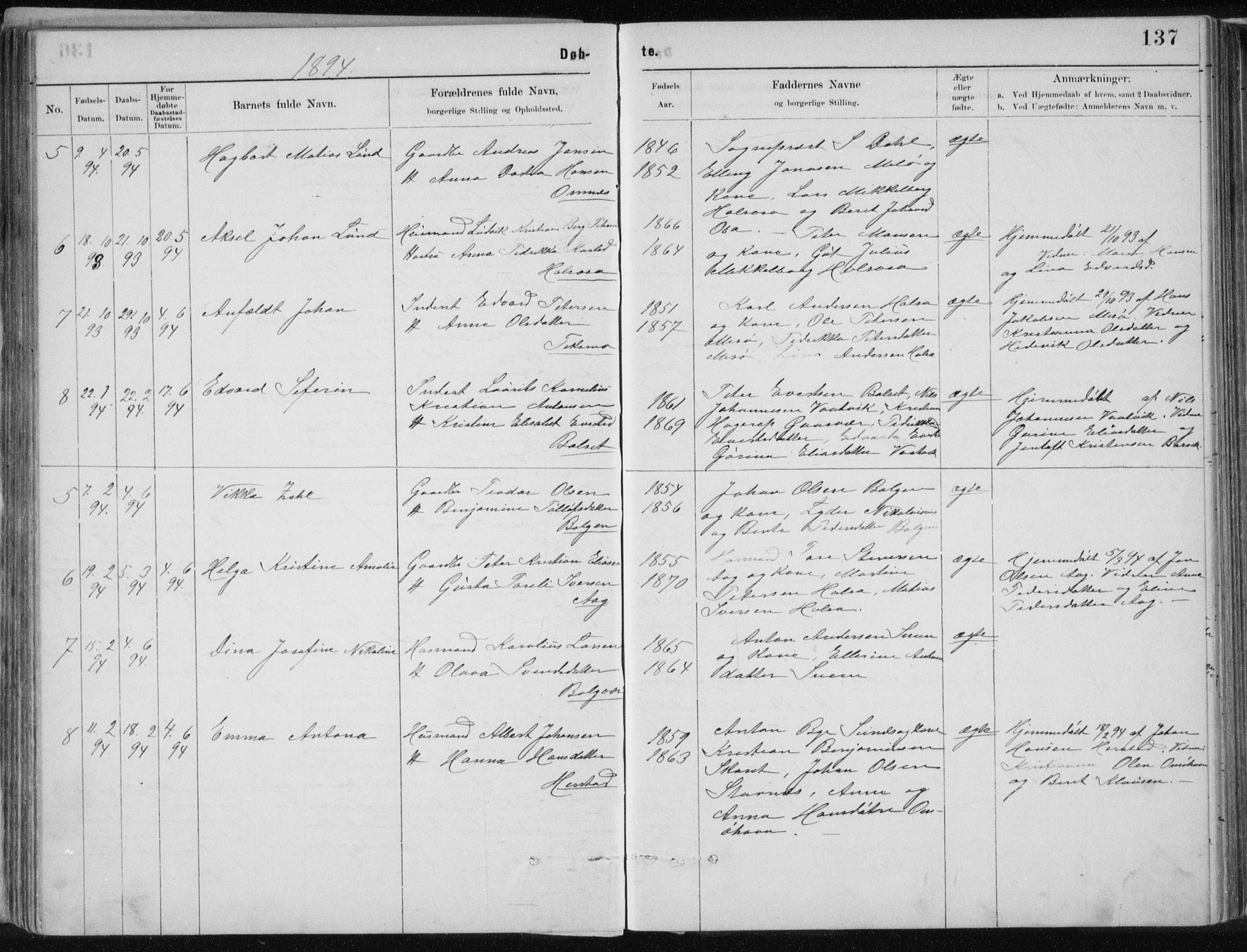 Ministerialprotokoller, klokkerbøker og fødselsregistre - Nordland, AV/SAT-A-1459/843/L0636: Klokkerbok nr. 843C05, 1884-1909, s. 137