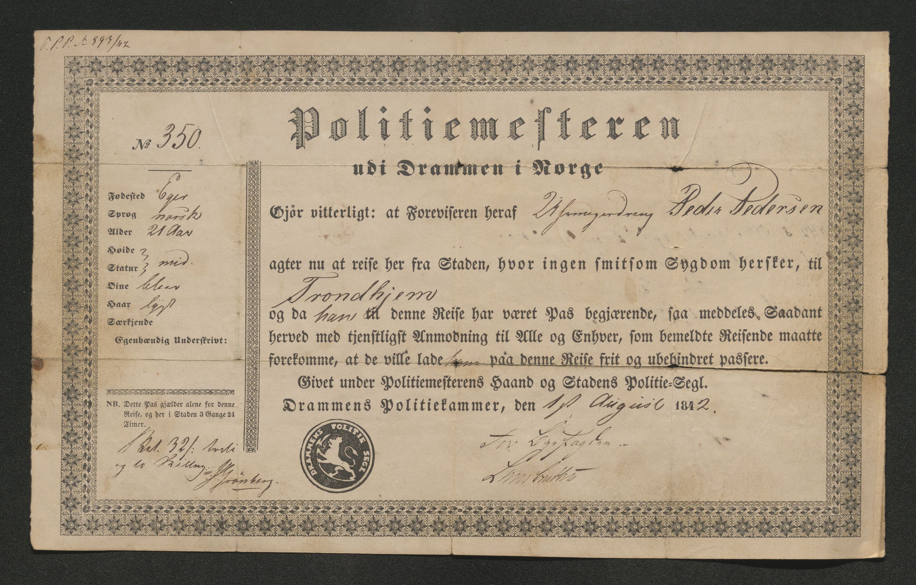 Drammen politikammer, SAKO/A-623/I/Ia/Iab/L0007: Innleverte pass, 1843-1844, s. 129