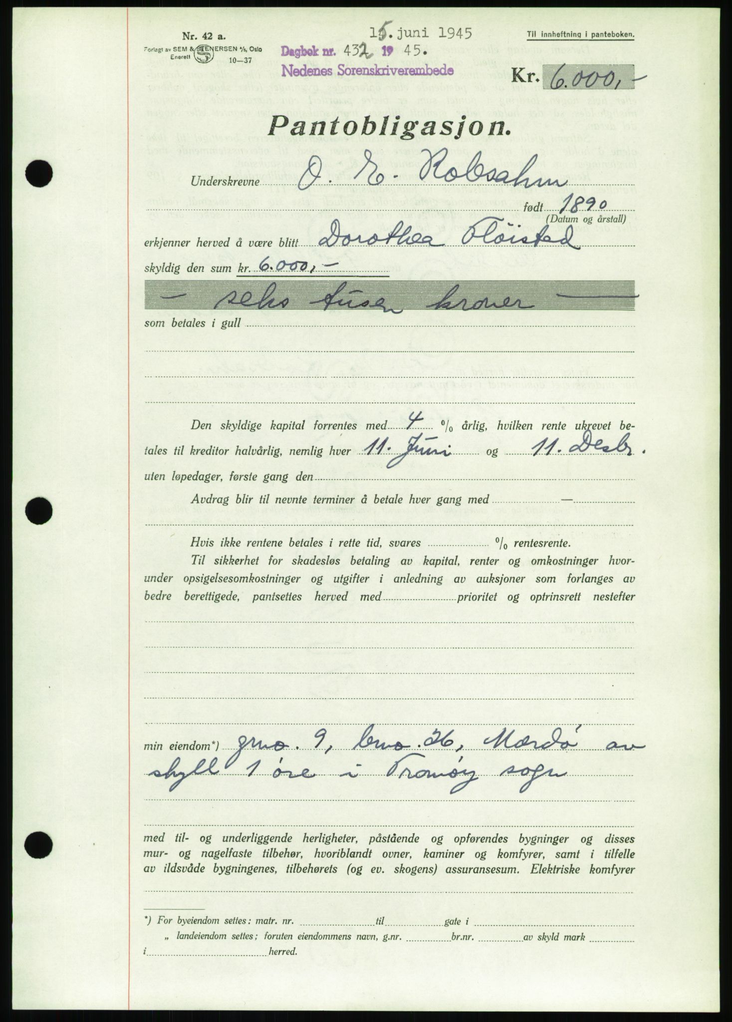 Nedenes sorenskriveri, SAK/1221-0006/G/Gb/Gbb/L0002: Pantebok nr. II, 1942-1945, Dagboknr: 432/1945