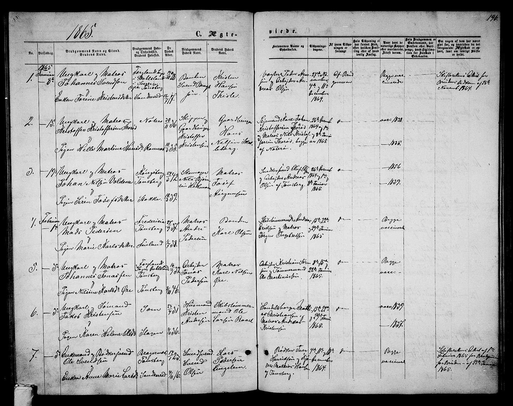 Tønsberg kirkebøker, AV/SAKO-A-330/G/Ga/L0004: Klokkerbok nr. 4, 1865-1874, s. 196