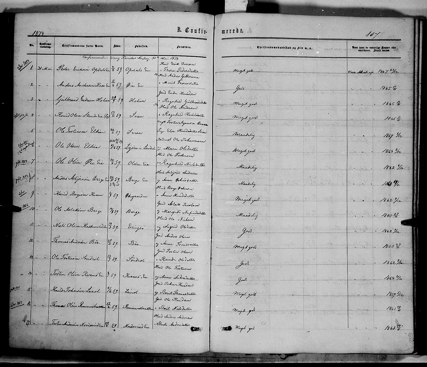 Vang prestekontor, Valdres, AV/SAH-PREST-140/H/Ha/L0007: Ministerialbok nr. 7, 1865-1881, s. 107