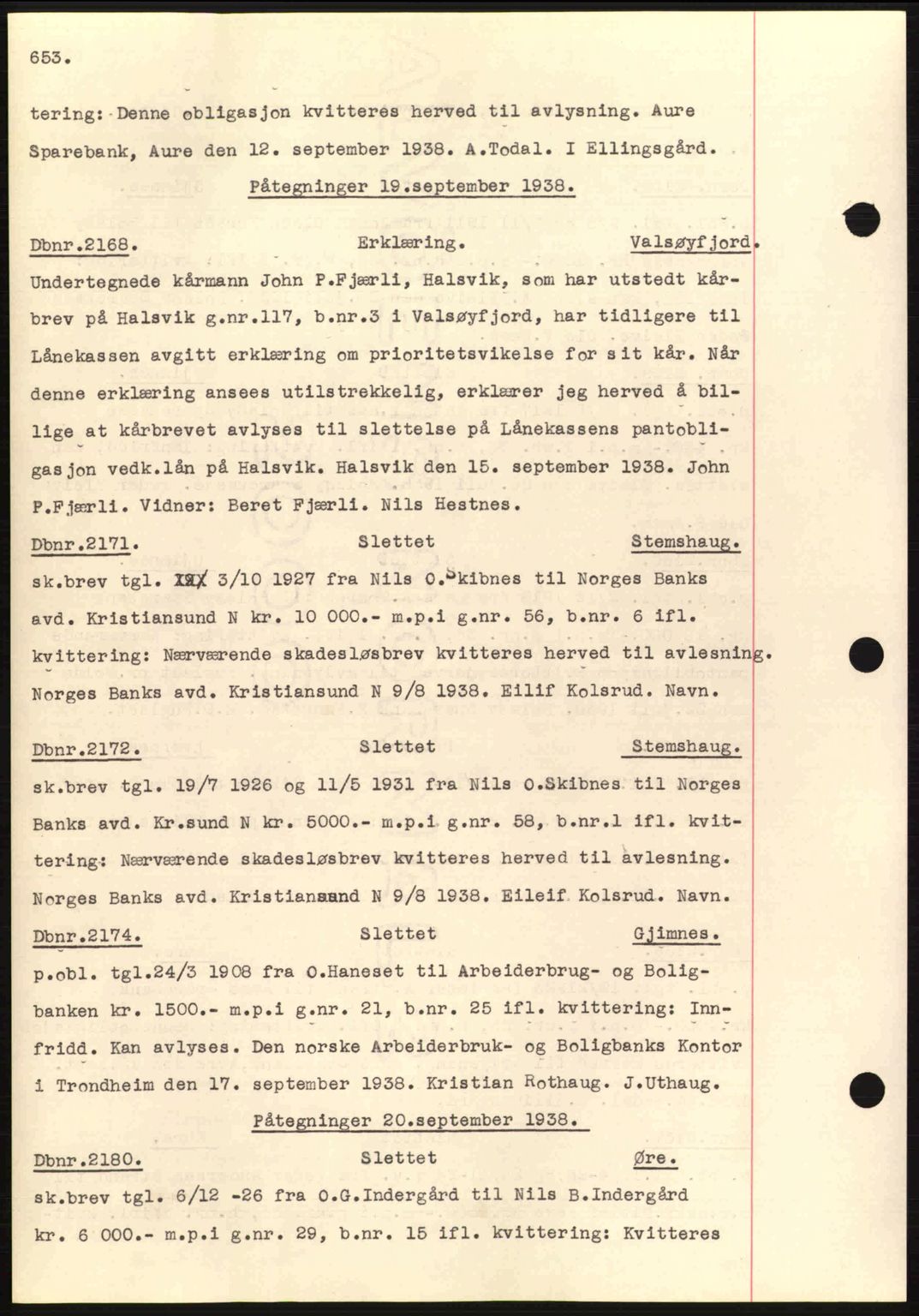 Nordmøre sorenskriveri, SAT/A-4132/1/2/2Ca: Pantebok nr. C80, 1936-1939, Dagboknr: 2168/1938