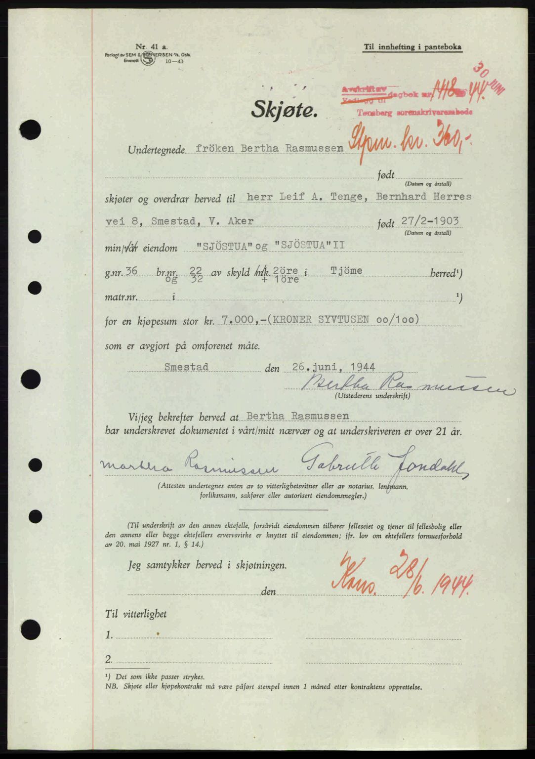 Tønsberg sorenskriveri, AV/SAKO-A-130/G/Ga/Gaa/L0015: Pantebok nr. A15, 1944-1944, Dagboknr: 1418/1944