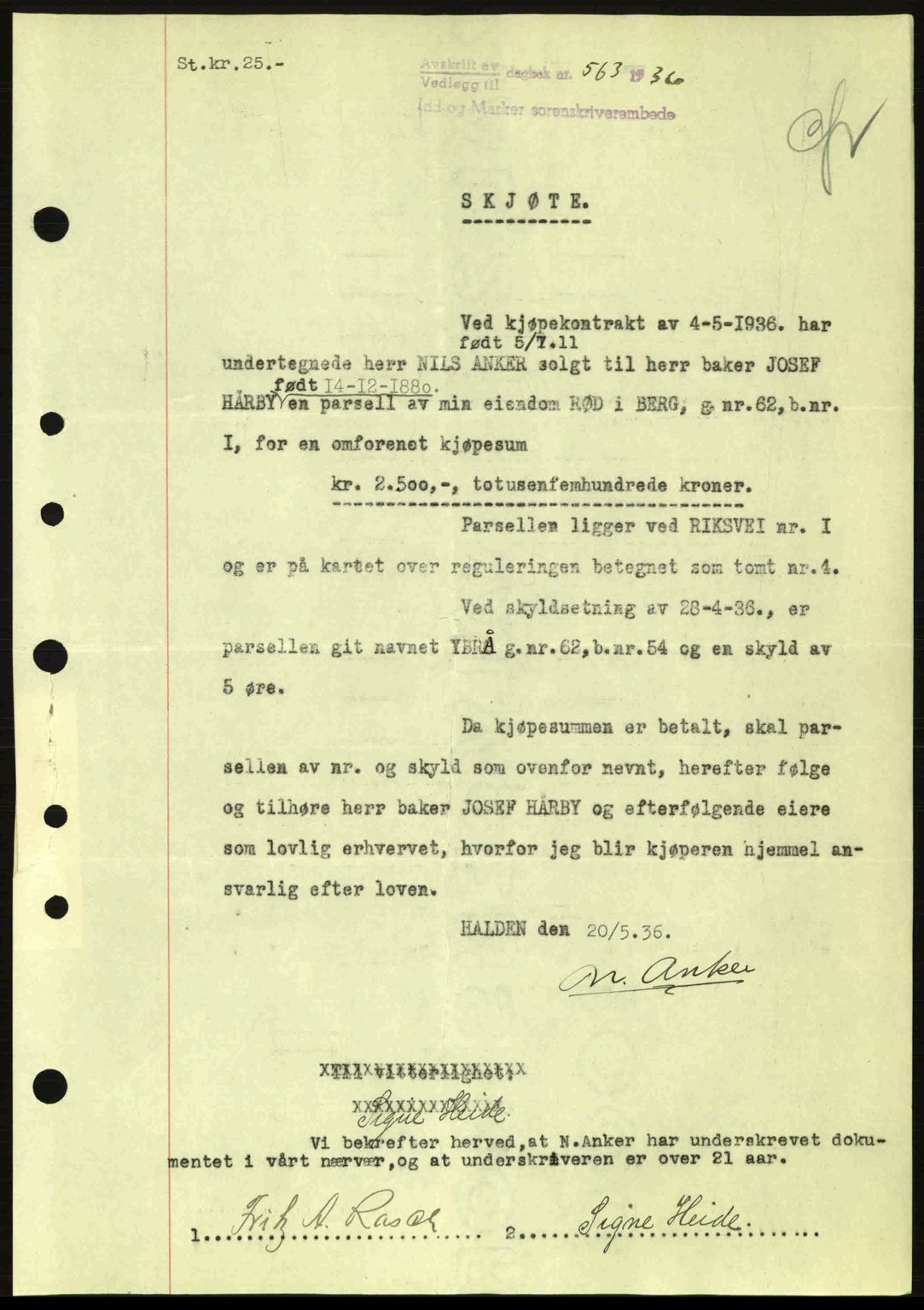Idd og Marker sorenskriveri, AV/SAO-A-10283/G/Gb/Gbb/L0001: Pantebok nr. A1, 1936-1937, Dagboknr: 563/1936