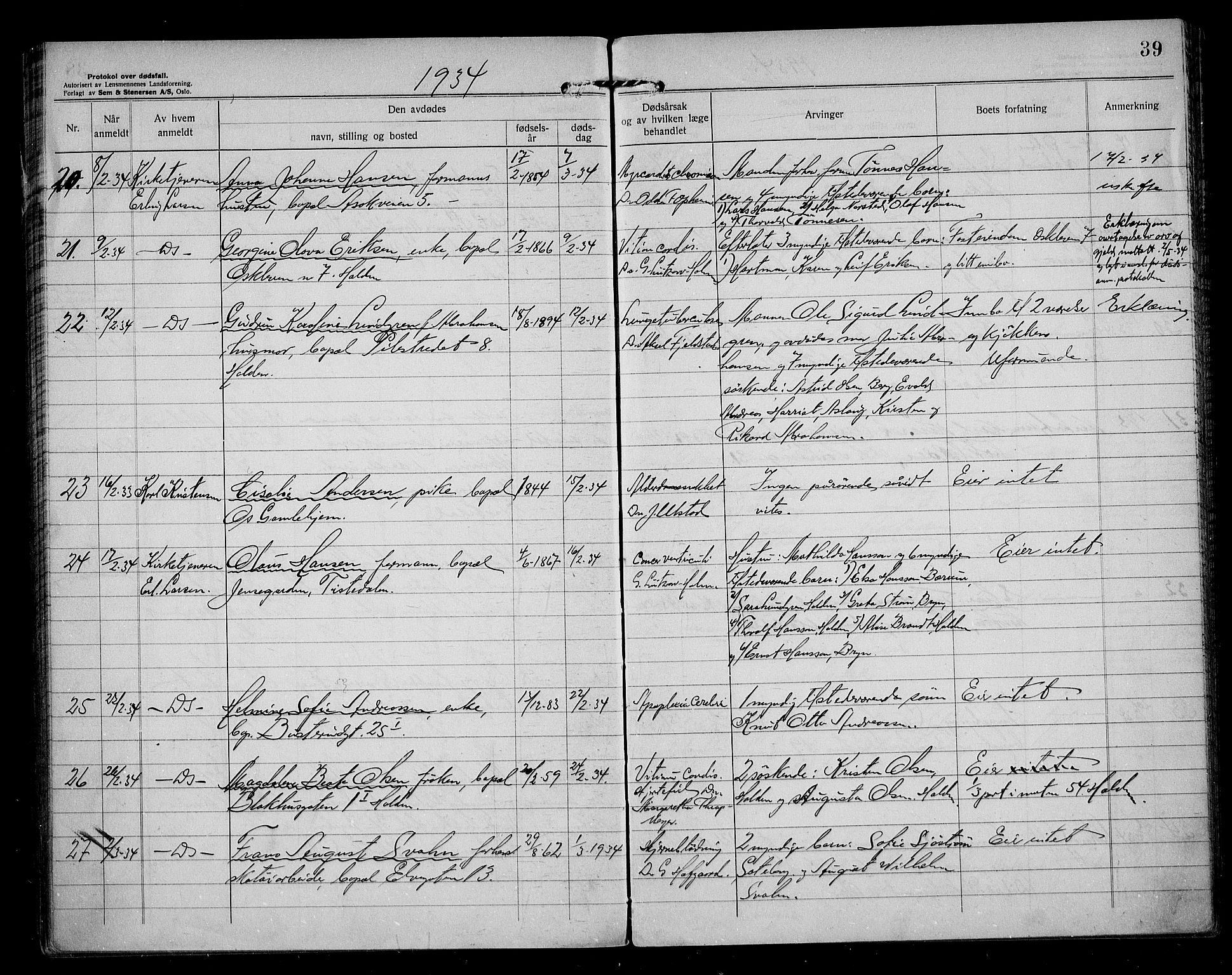 Idd og Marker sorenskriveri, AV/SAO-A-10283/H/Ha/Haa/L0001/0005: Dødsanmeldelsesprotokoller / Dødsanmeldelsesprotokoll, 1932-1937, s. 39