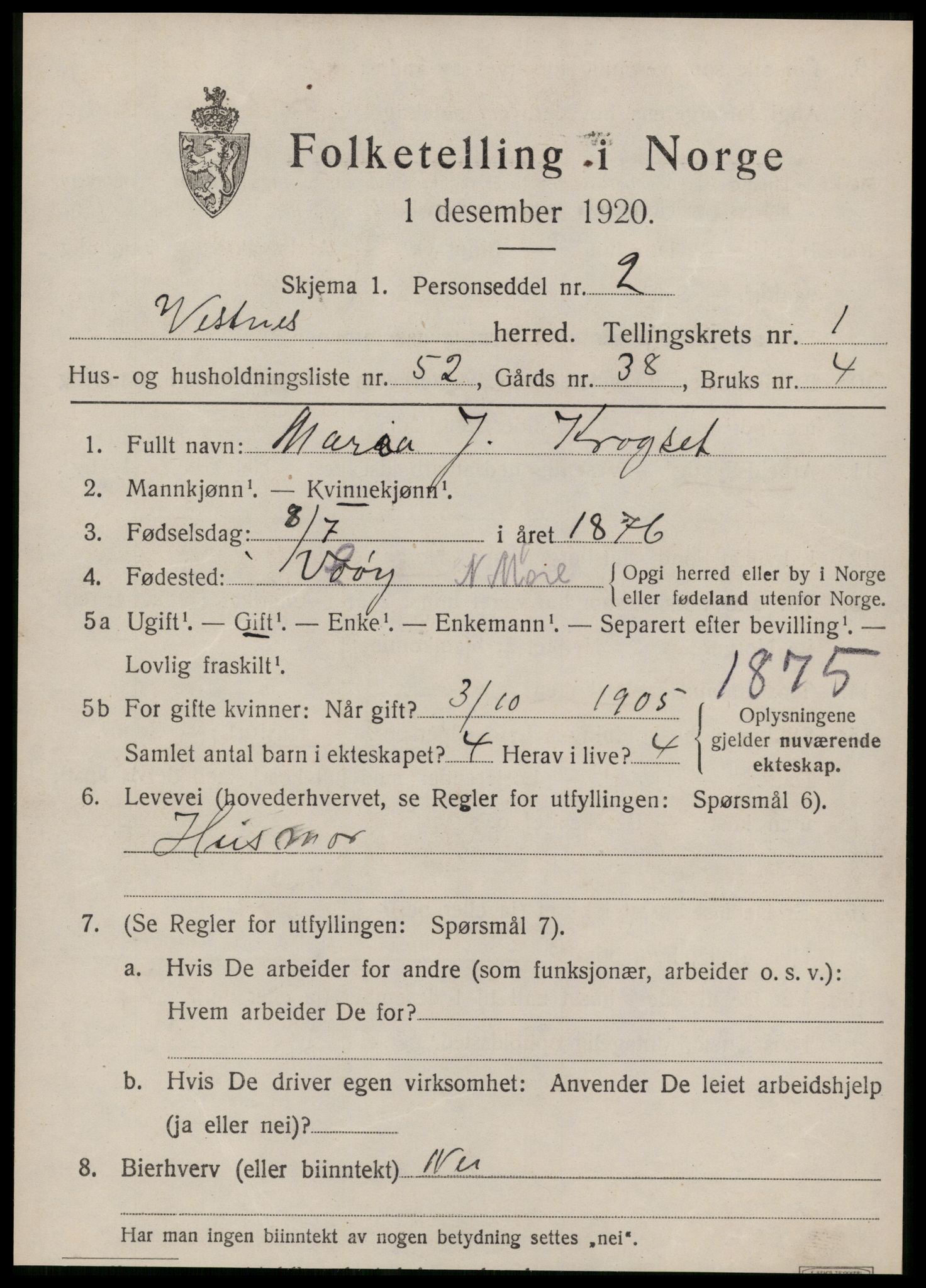 SAT, Folketelling 1920 for 1535 Vestnes herred, 1920, s. 1835