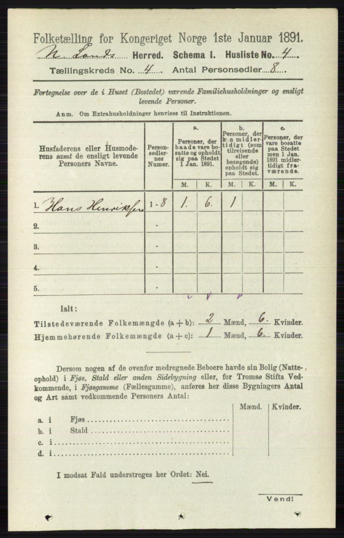 RA, Folketelling 1891 for 0538 Nordre Land herred, 1891, s. 1309