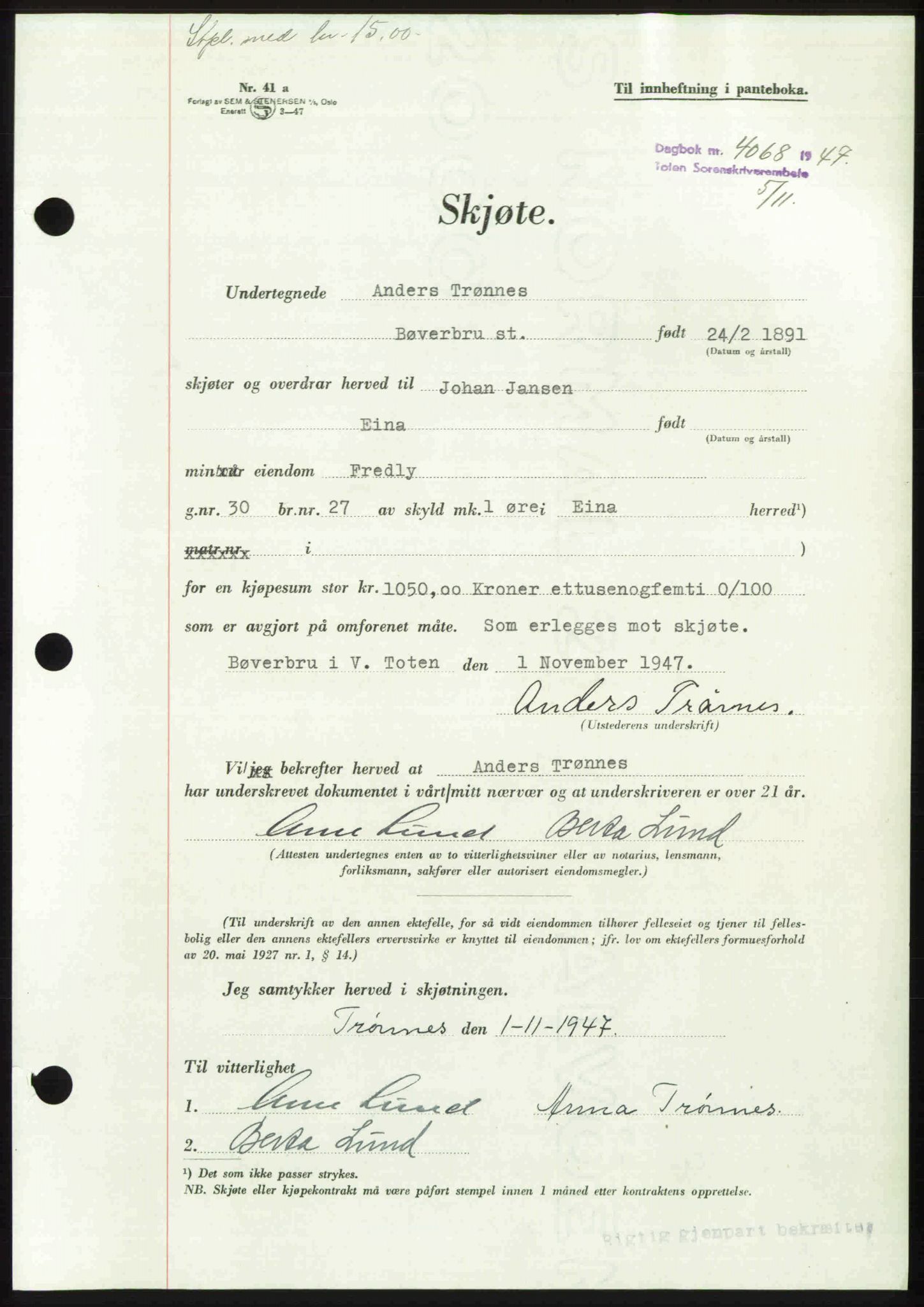 Toten tingrett, AV/SAH-TING-006/H/Hb/Hbc/L0018: Pantebok nr. Hbc-18, 1947-1947, Dagboknr: 4068/1947