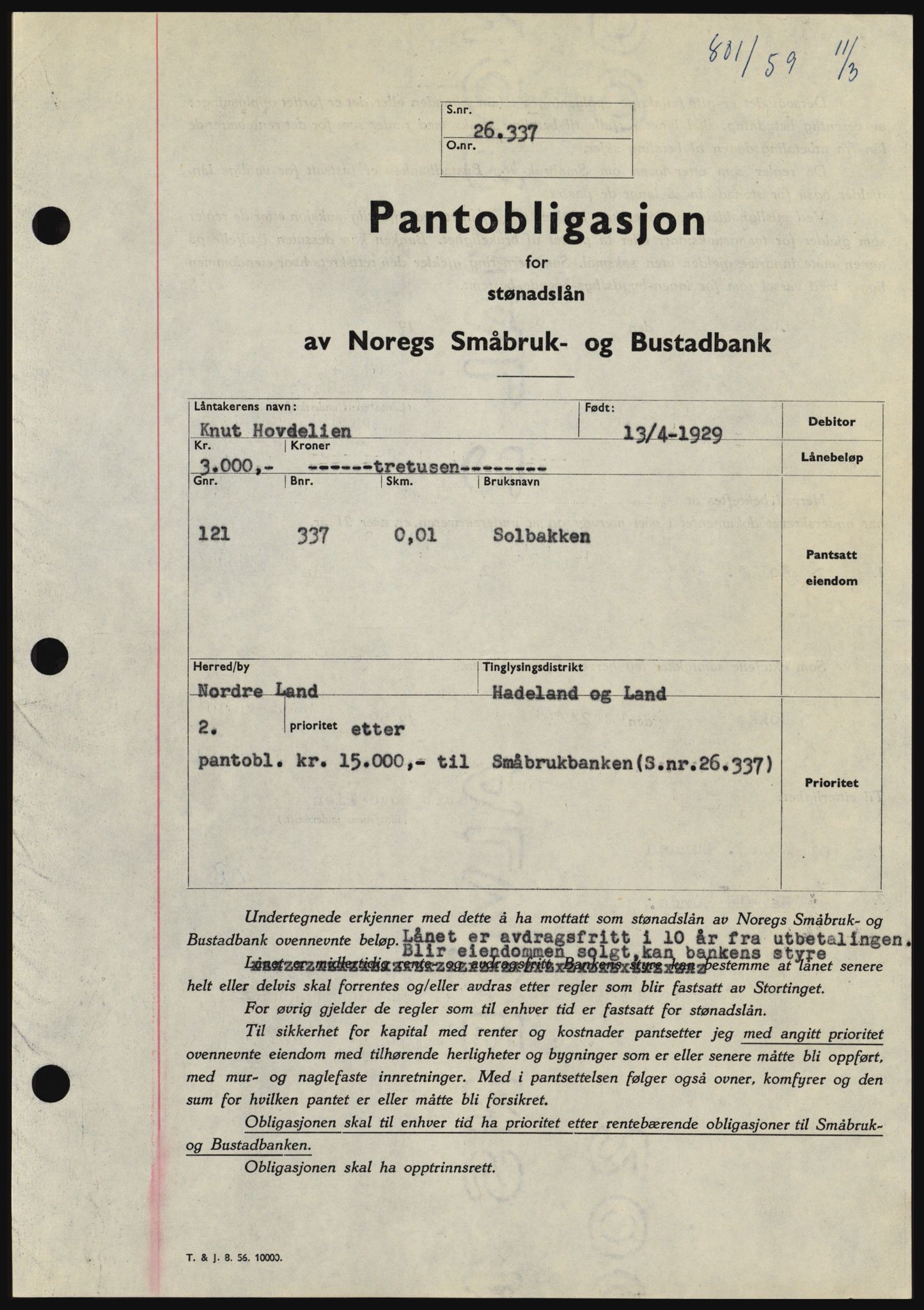 Hadeland og Land tingrett, SAH/TING-010/H/Hb/Hbc/L0040: Pantebok nr. B40, 1959-1959, Dagboknr: 801/1959