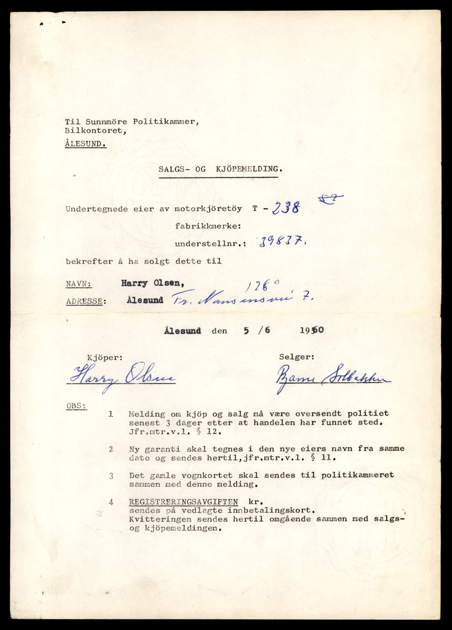 Møre og Romsdal vegkontor - Ålesund trafikkstasjon, AV/SAT-A-4099/F/Fe/L0003: Registreringskort for kjøretøy T 232 - T 340, 1927-1998, s. 157