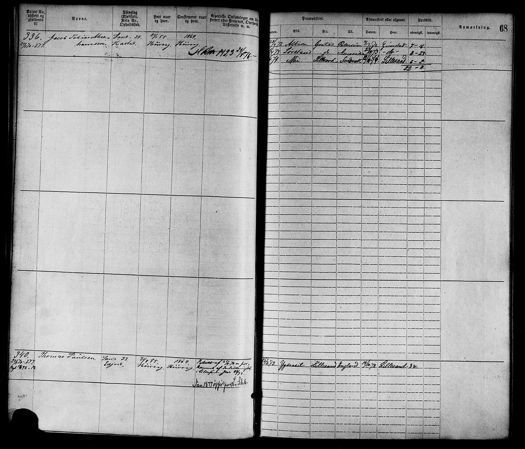 Lillesand mønstringskrets, SAK/2031-0014/F/Fa/L0004: Annotasjonsrulle nr 1-1920 med register, G-1, 1869-1891, s. 91