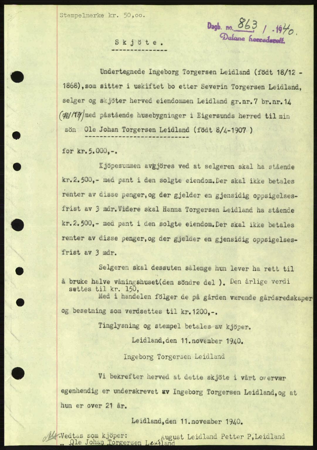 Dalane sorenskriveri, SAST/A-100309/02/G/Gb/L0044: Pantebok nr. A5, 1940-1941, Dagboknr: 863/1940