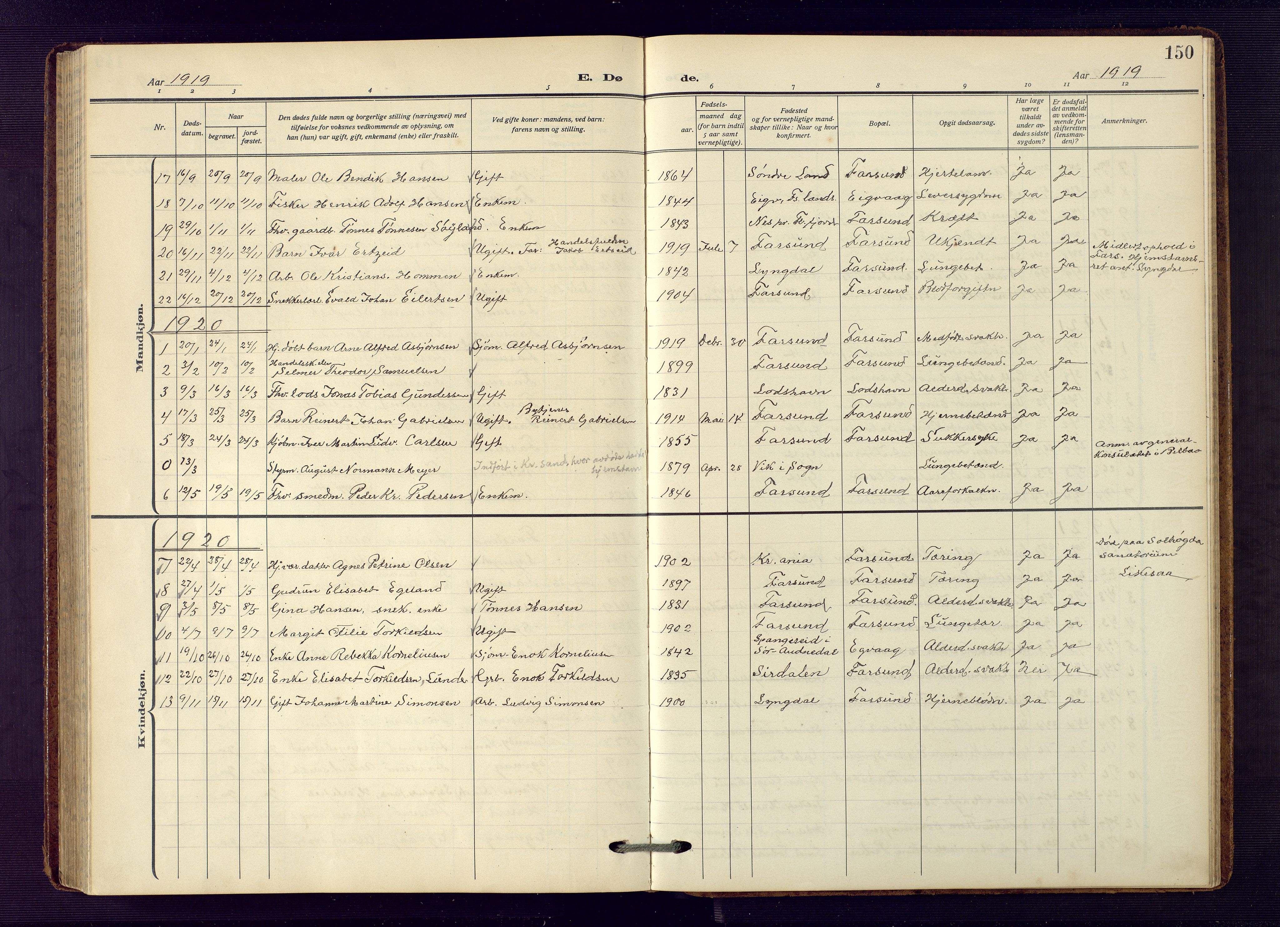 Farsund sokneprestkontor, AV/SAK-1111-0009/F/Fb/L0002: Klokkerbok nr. B 2, 1914-1958, s. 150