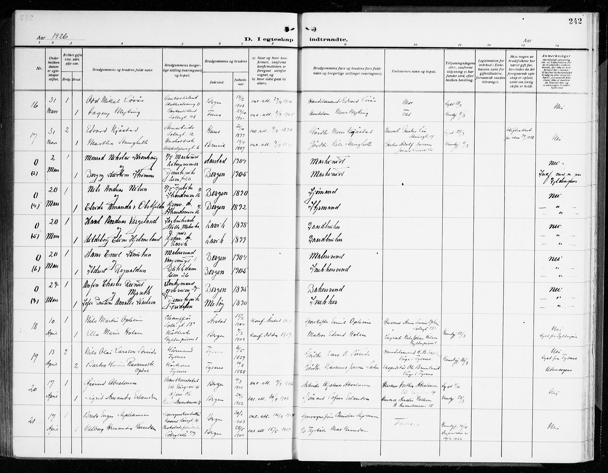 Årstad Sokneprestembete, AV/SAB-A-79301/H/Haa/L0004: Ministerialbok nr. A 4, 1919-1928, s. 242