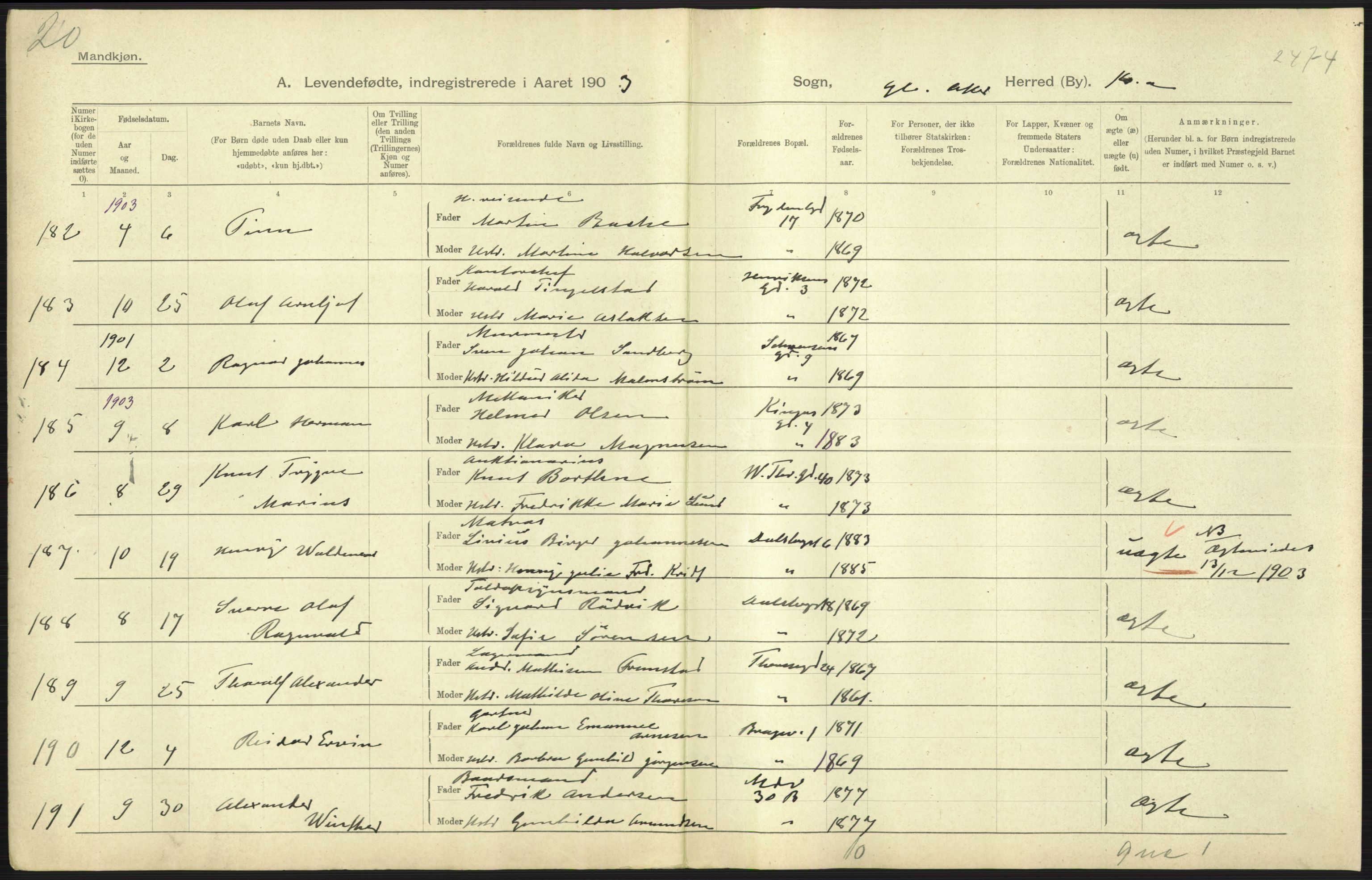 Statistisk sentralbyrå, Sosiodemografiske emner, Befolkning, AV/RA-S-2228/D/Df/Dfa/Dfaa/L0003: Kristiania: Fødte, 1903, s. 429