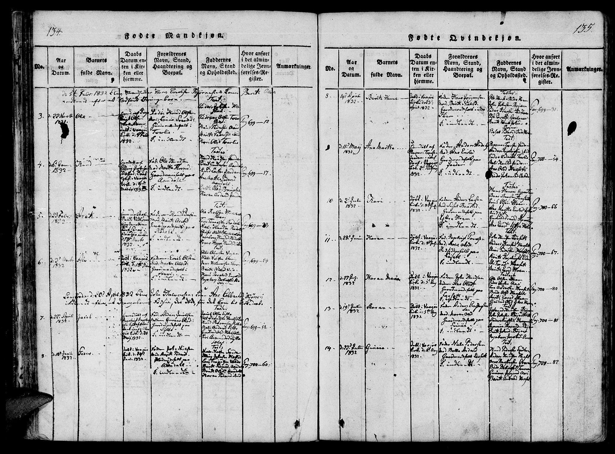 Ministerialprotokoller, klokkerbøker og fødselsregistre - Møre og Romsdal, AV/SAT-A-1454/565/L0747: Ministerialbok nr. 565A01, 1817-1844, s. 134-135