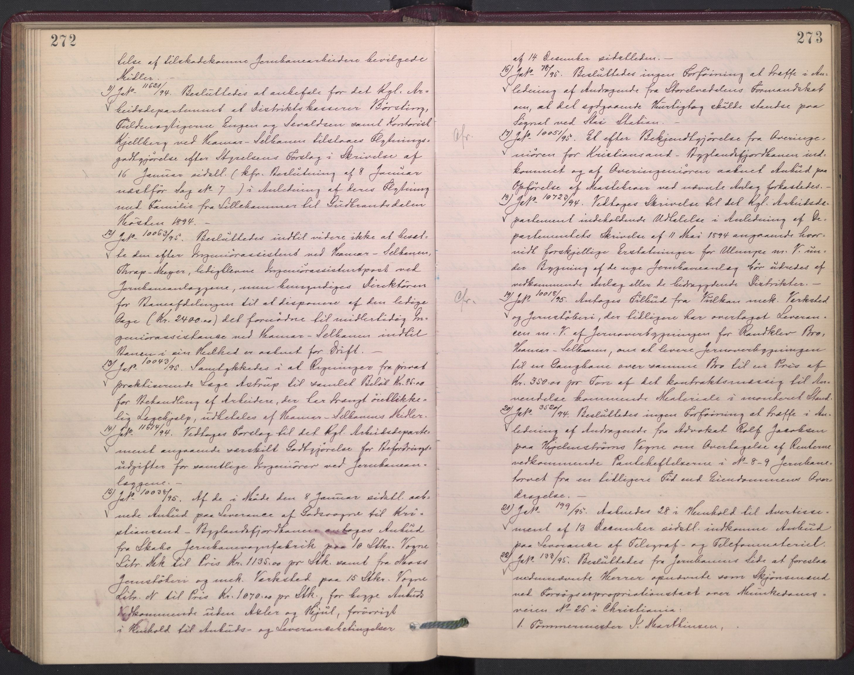 Norges statsbaner, Administrasjons- økonomi- og personalavdelingen, RA/S-3412/A/Aa/L0002a: Forhandlingsprotokoll, 1893-1895, s. 272-273