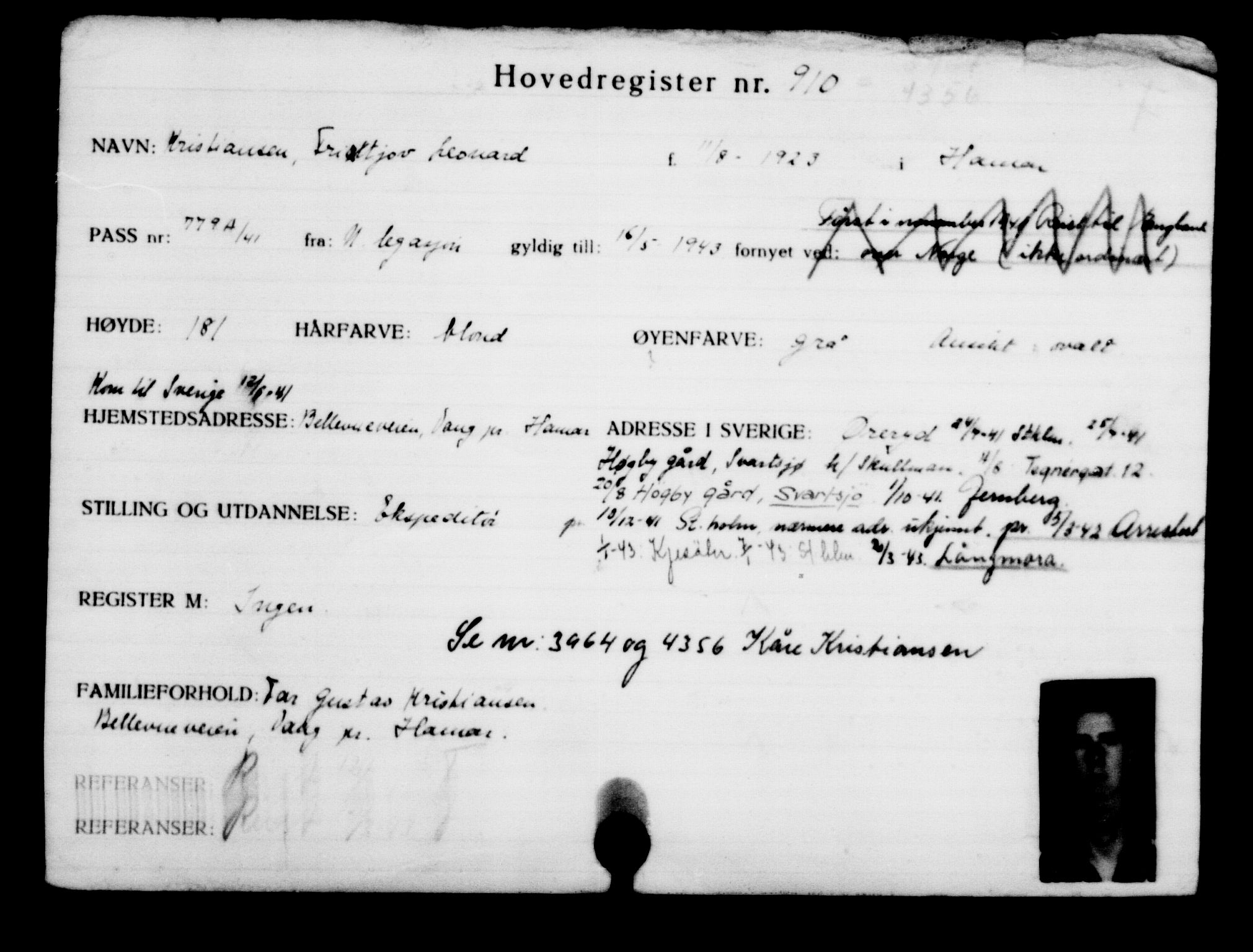Utenriksstasjonene, Legasjonen i Stockholm, Flyktningkontoret, AV/RA-S-6753/V/Va/L0001: Kjesäterkartoteket, flyktninger med registreringsnr. 1-1000, 1940-1945, s. 1433
