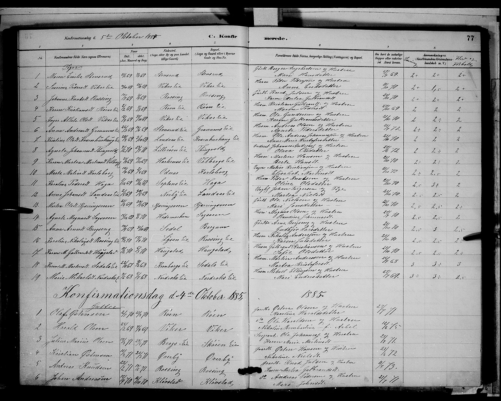Søndre Land prestekontor, AV/SAH-PREST-122/L/L0003: Klokkerbok nr. 3, 1884-1902, s. 77