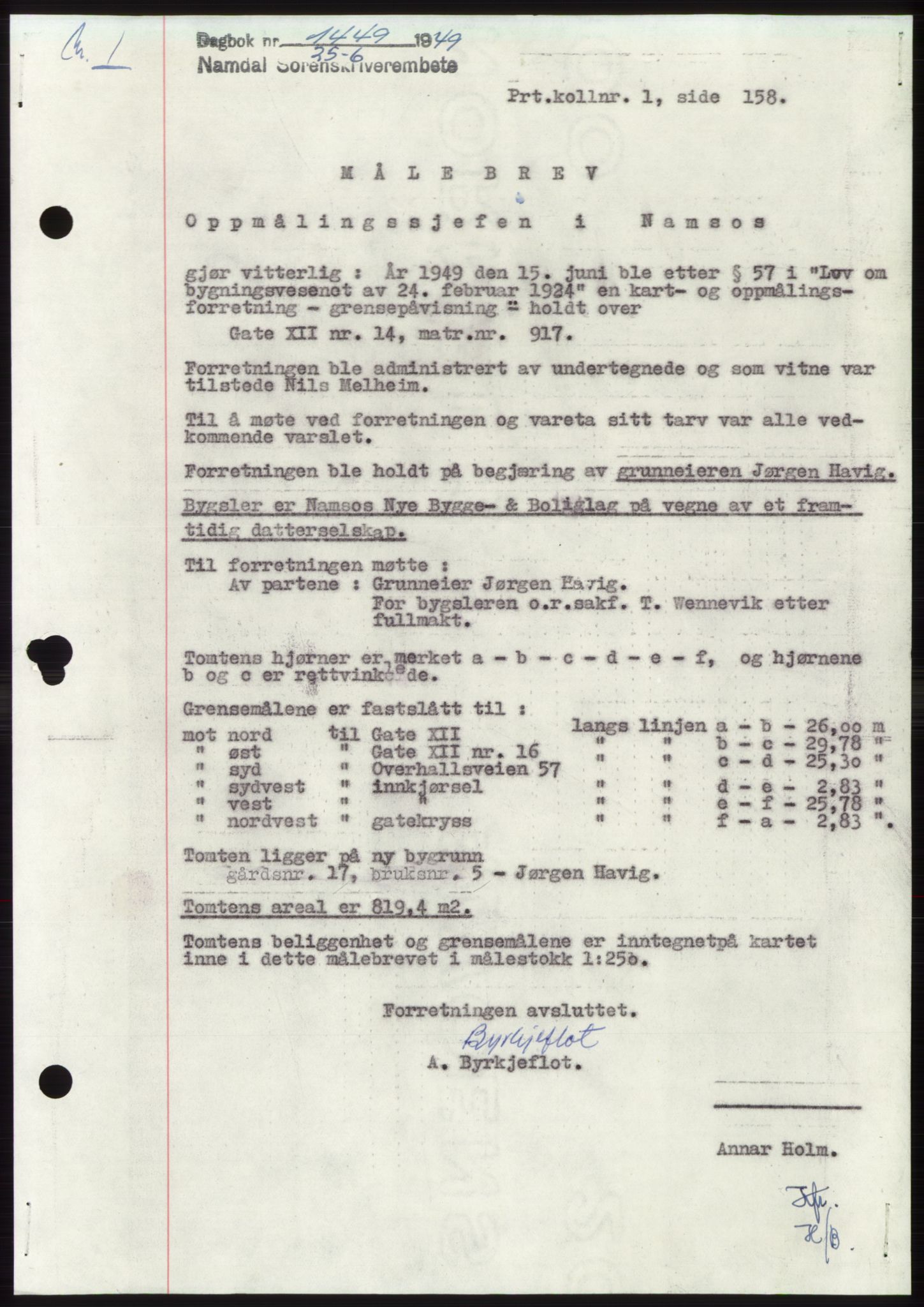 Namdal sorenskriveri, SAT/A-4133/1/2/2C: Pantebok nr. -, 1949-1949, Dagboknr: 1449/1949
