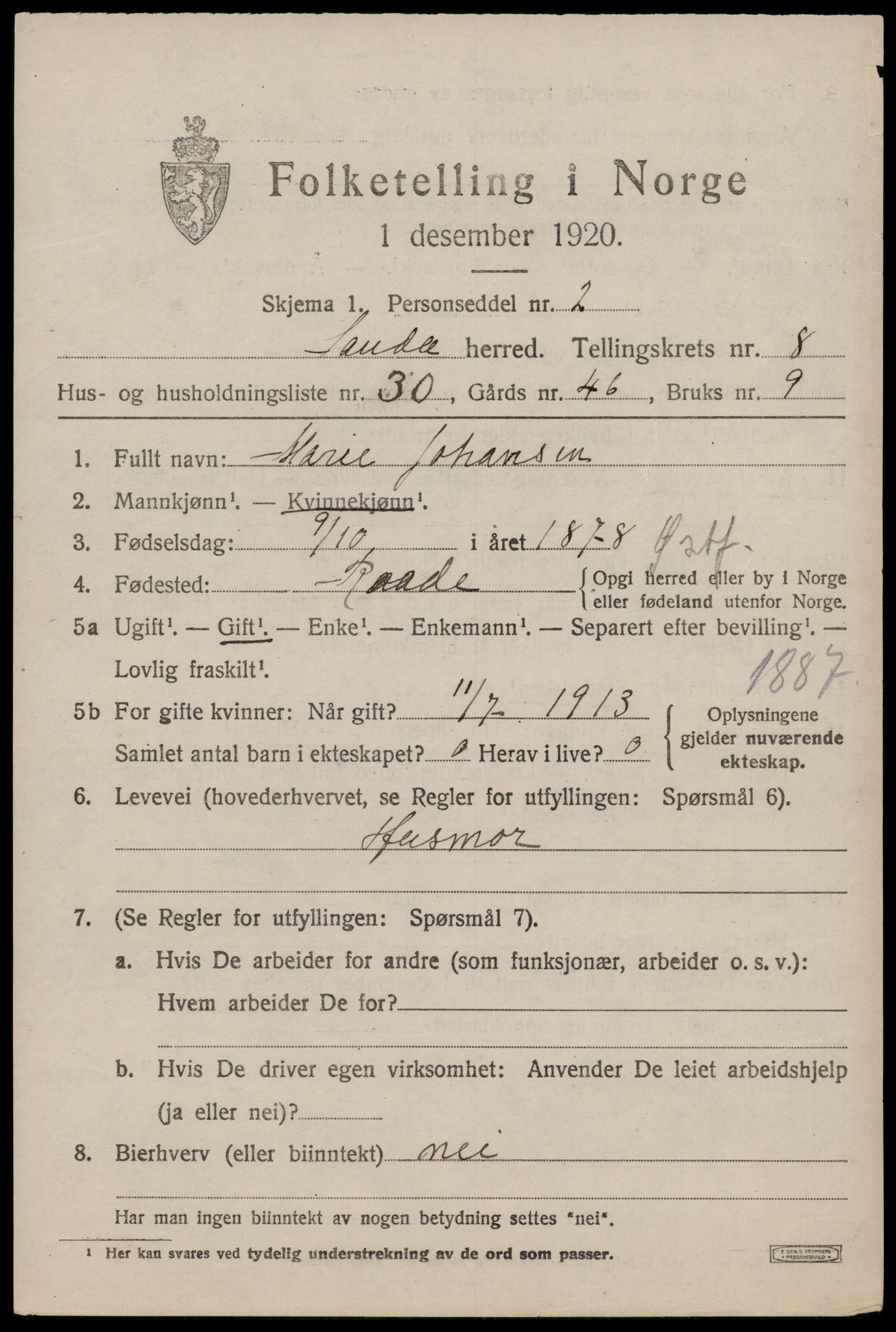 SAST, Folketelling 1920 for 1135 Sauda herred, 1920, s. 5266