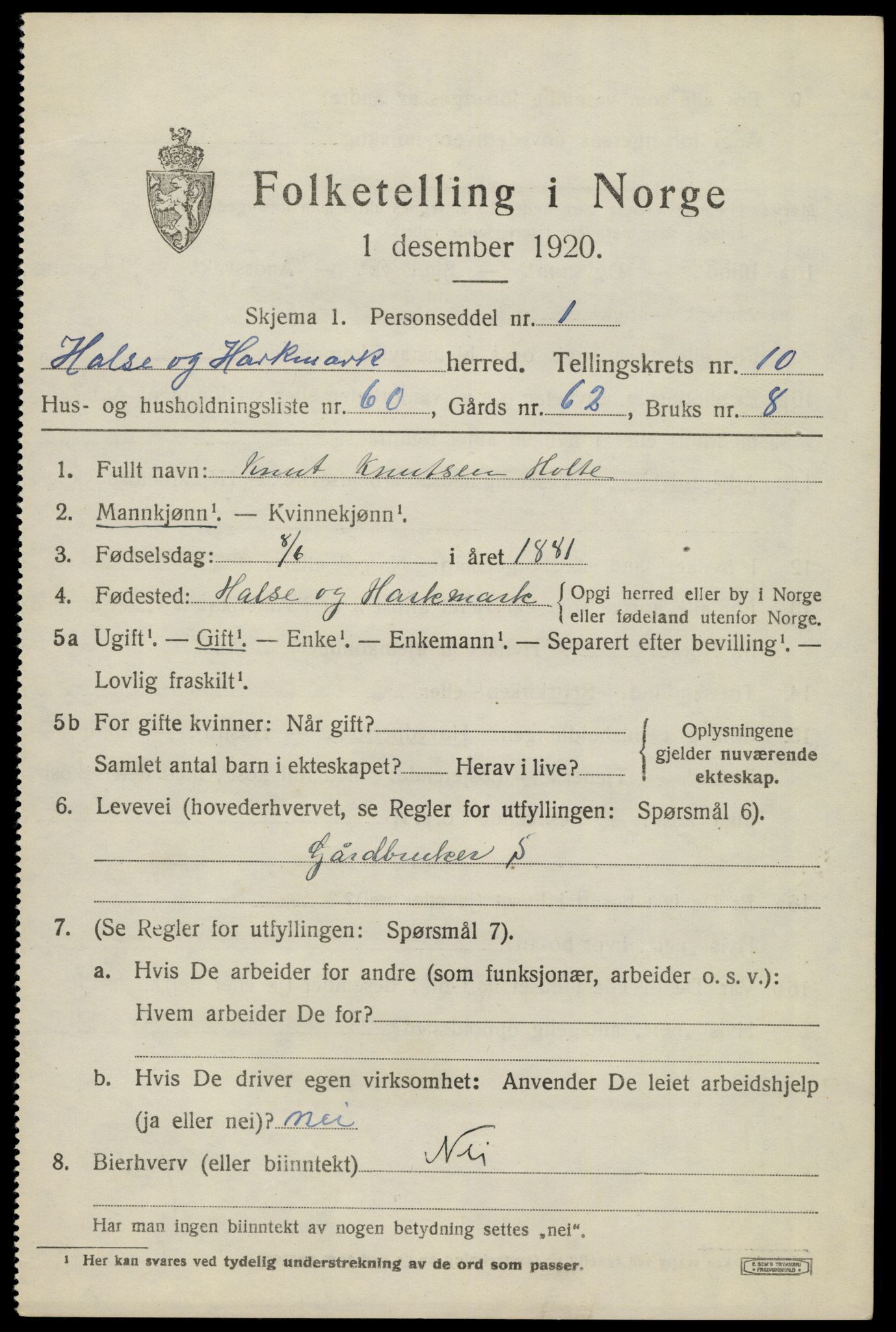 SAK, Folketelling 1920 for 1019 Halse og Harkmark herred, 1920, s. 6157