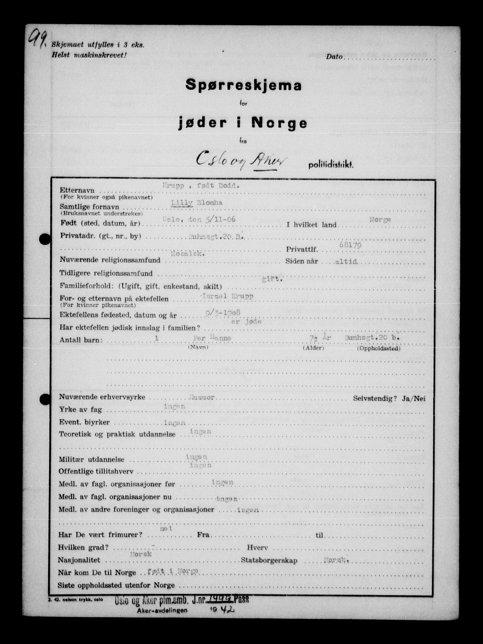 Statspolitiet - Hovedkontoret / Osloavdelingen, AV/RA-S-1329/G/Ga/L0011: Spørreskjema for jøder i Norge. 1: Oslo 610-806 (Plavnik-Zwillinger). 2: Aker 1-113 (Adler-Lewin). , 1942, s. 881