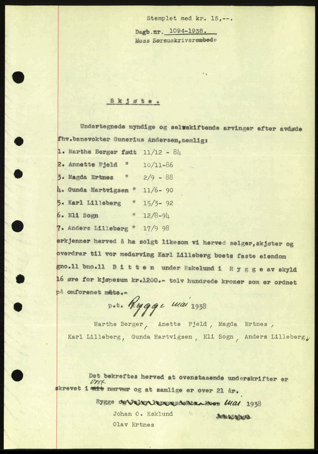 Moss sorenskriveri, SAO/A-10168: Pantebok nr. A4, 1938-1938, Dagboknr: 1094/1938