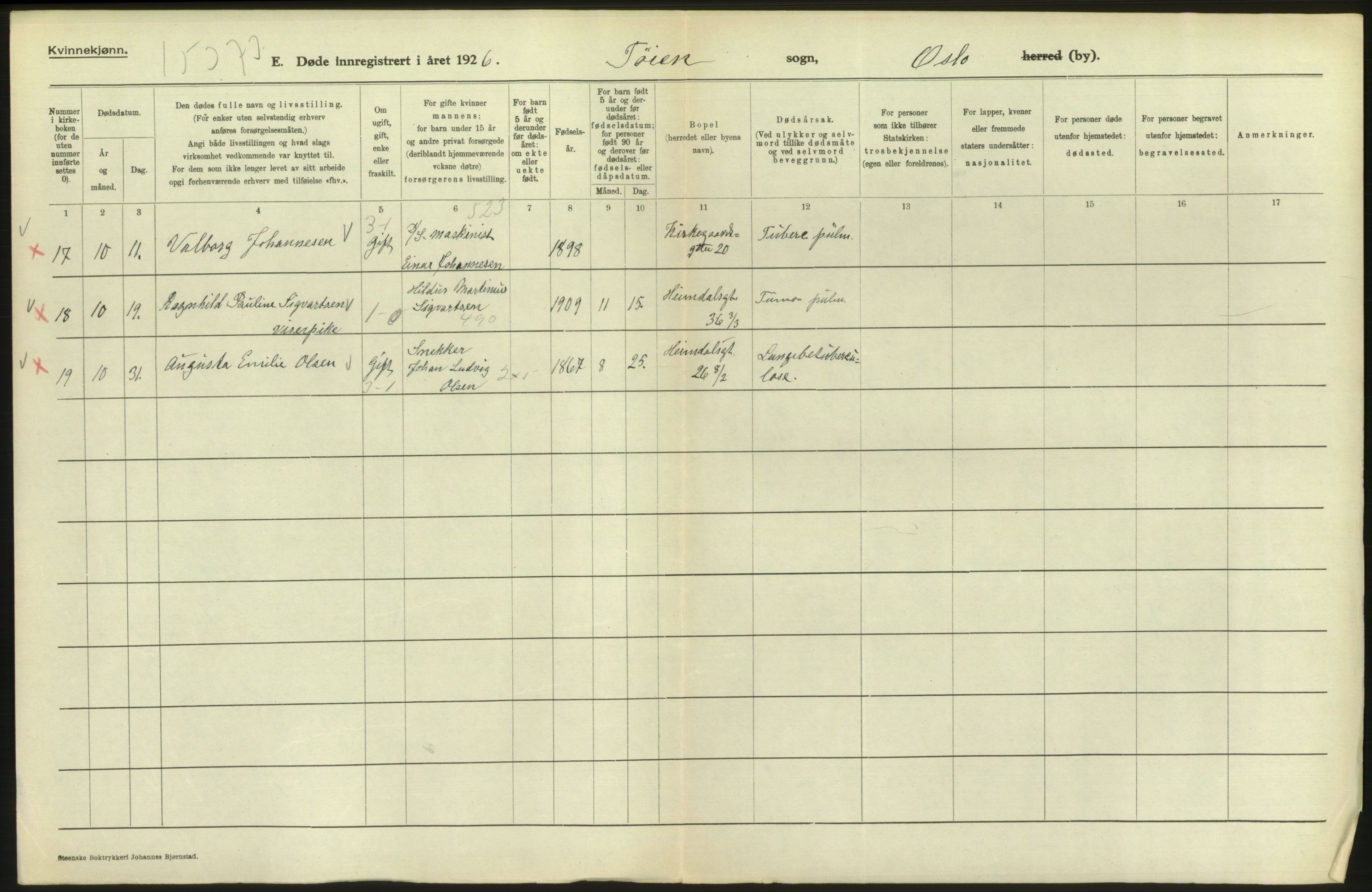 Statistisk sentralbyrå, Sosiodemografiske emner, Befolkning, AV/RA-S-2228/D/Df/Dfc/Dfcf/L0010: Oslo: Døde kvinner, dødfødte, 1926, s. 482